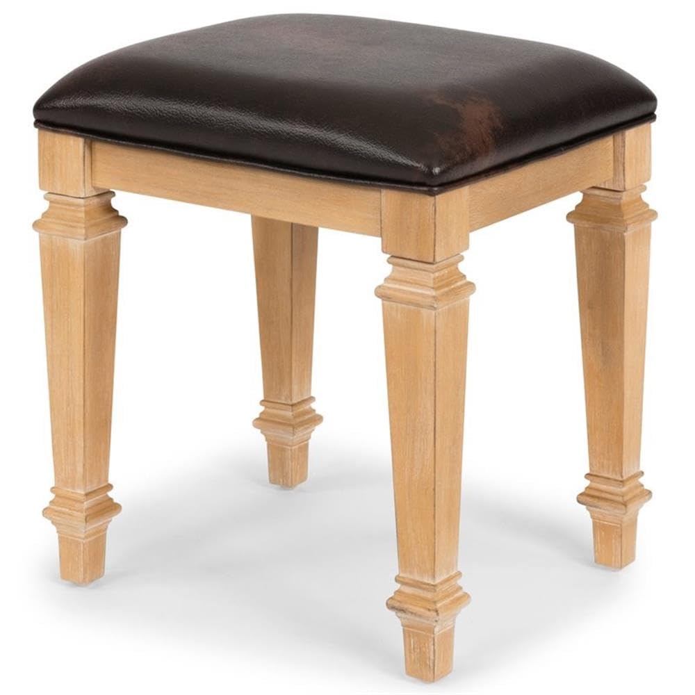 BOWERY HILL Traditional Brown Wood Vanity Bench with Upholstered Seat - Perfect for Bedroom, Dressing Table, and Makeup Area - Solid Wood Vanity Stool for Women