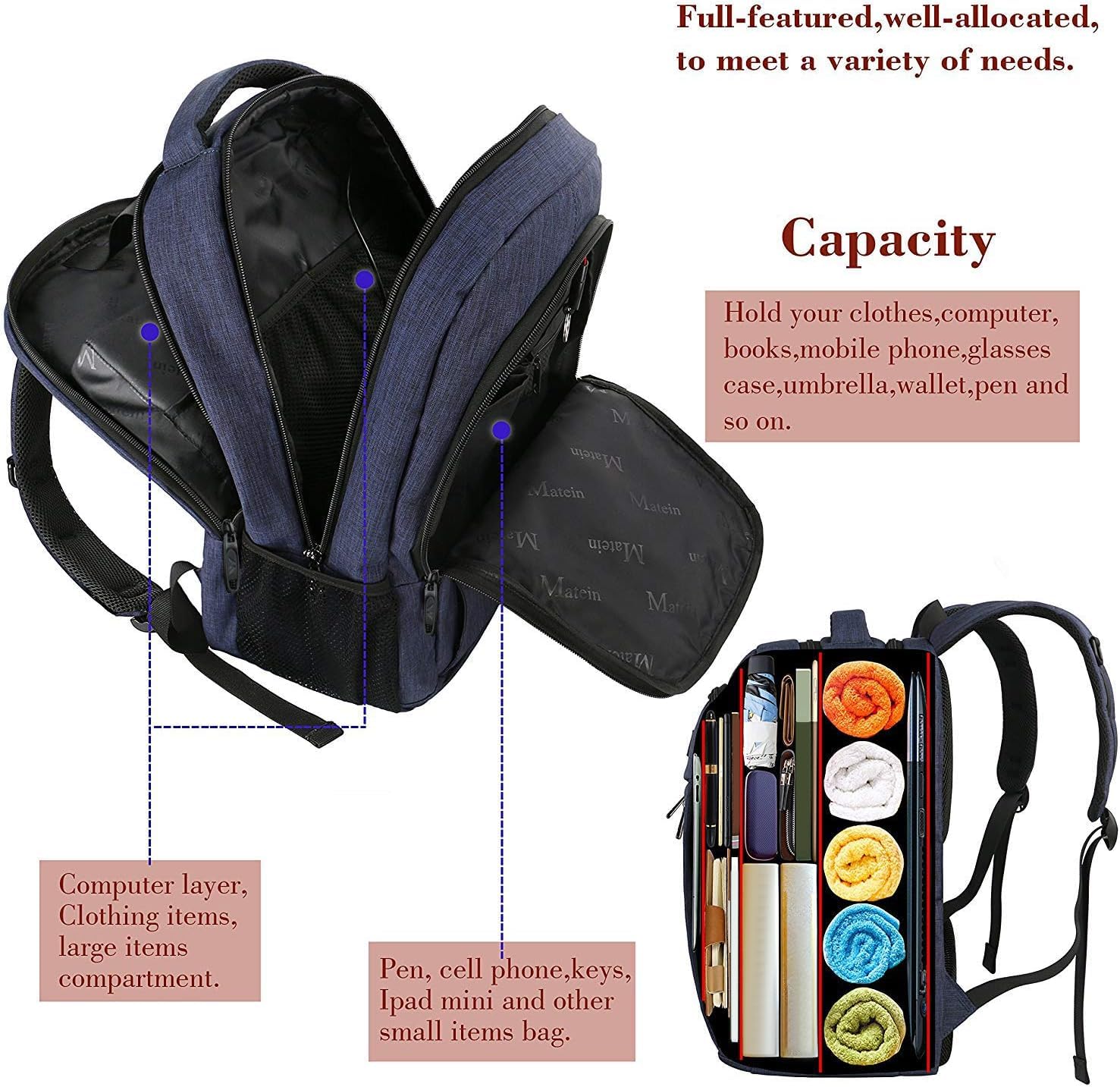 Matein Slim Laptop Backpack for Men & Women - Lightweight Travel Backpack with 15.6