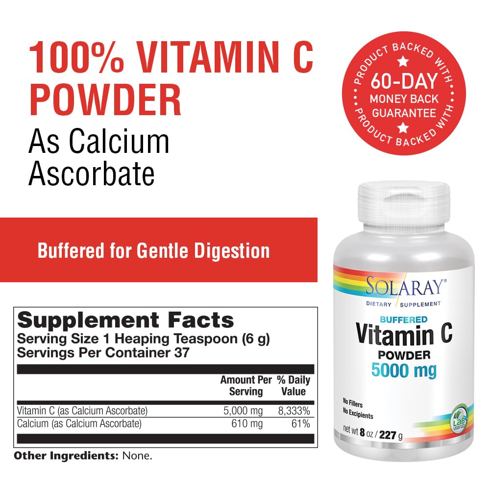 Solaray Vitamin C Crystalline 5000mg Powder - Buffered for Gentle Digestion | Immune System Support, Collagen Production & Antioxidant Benefits | 8 oz | Great for Daily Wellness, Skin Health & Energy Boost