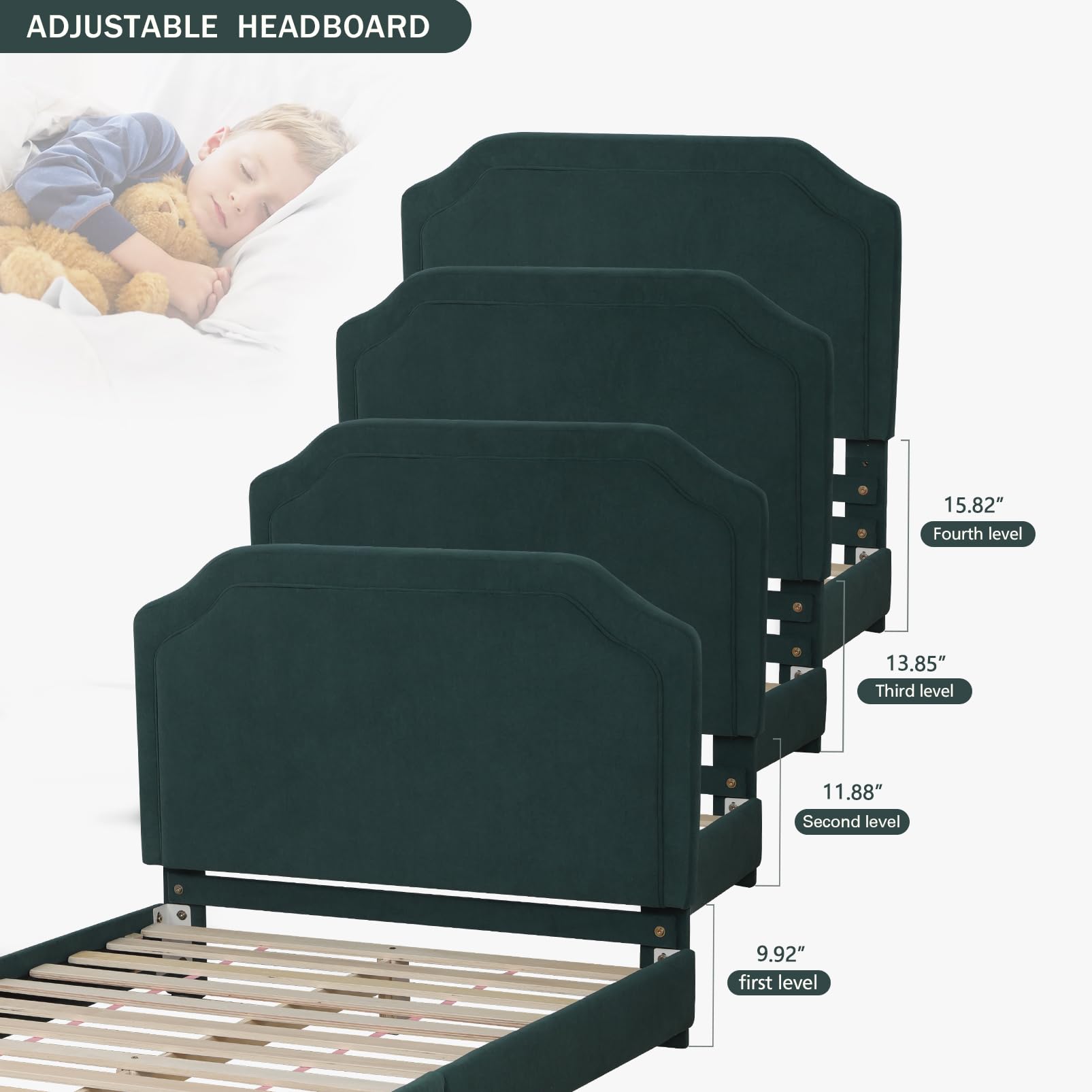 Velvet Upholstered Twin Bed Frame for Kids - Adjustable Headboard, Wooden Structure, Green - Perfect for Nursery, Bedroom & Playroom Decor
