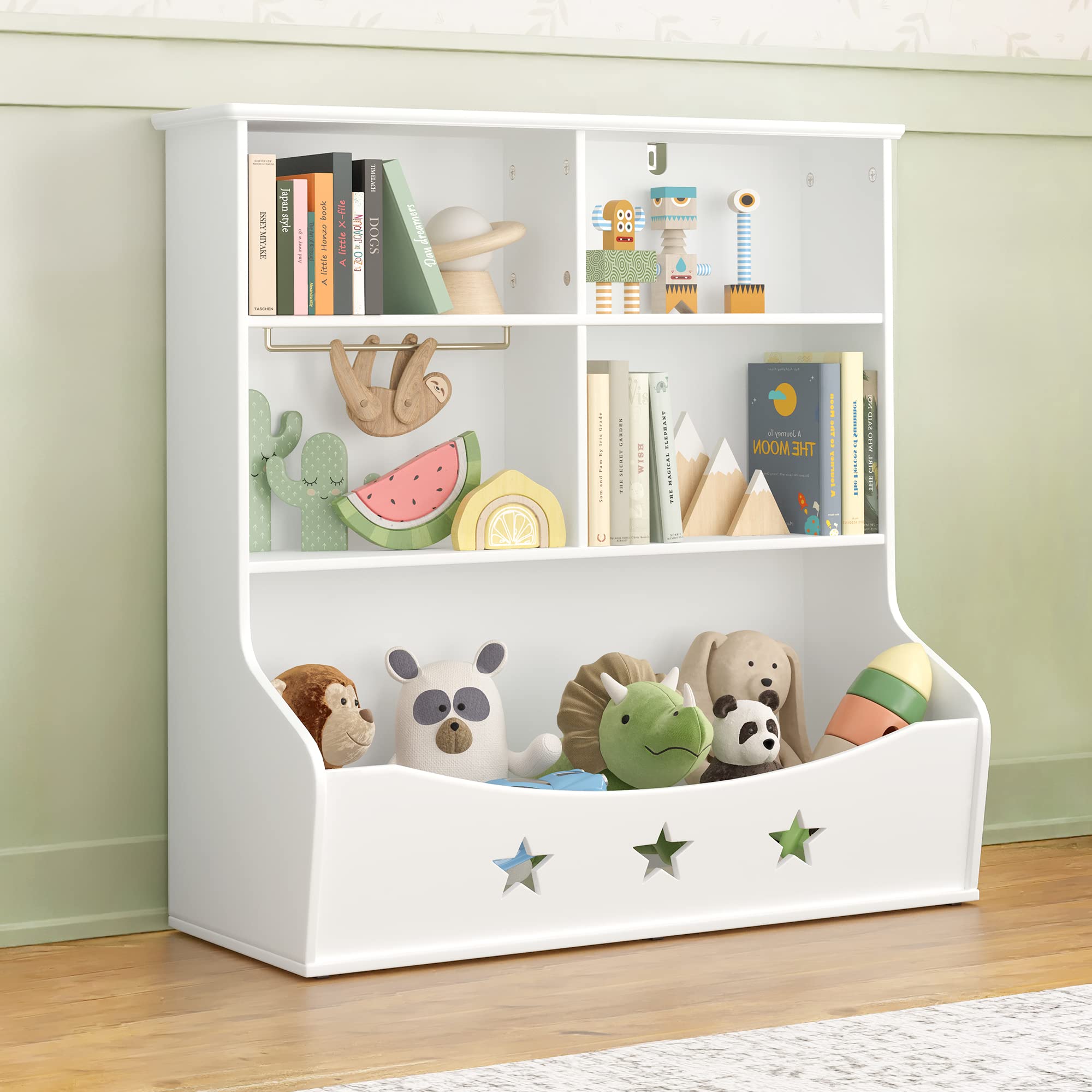 Wooden Kids Bookshelf with 5 Cube Storage - 3-Tier Open Bookcase & Toy Organizer, Star Pattern Design for Nursery, Playroom, Bedroom (White) | Perfect for Organizing Children's Books, Toys & Decor in Home or Classroom