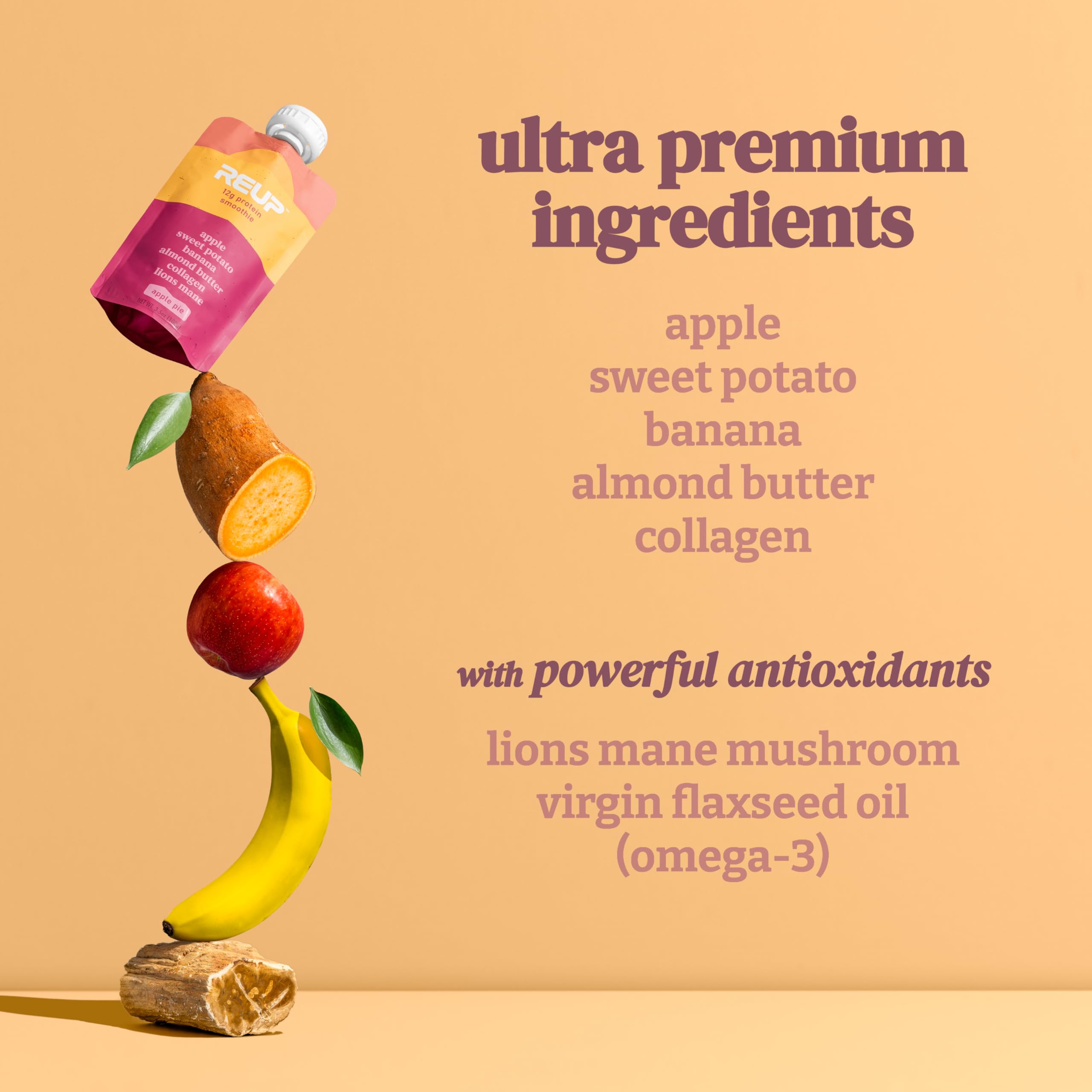 Reup Collagen Protein Smoothie Pack - 12g Protein & 10g Collagen per Serving, Dairy-Free Ready-to-Drink Protein Shakes for Adults - High Protein Snack Pouch, Healthy On-the-Go Nutrition for Workouts, Office & Active Lifestyle (8 Count)