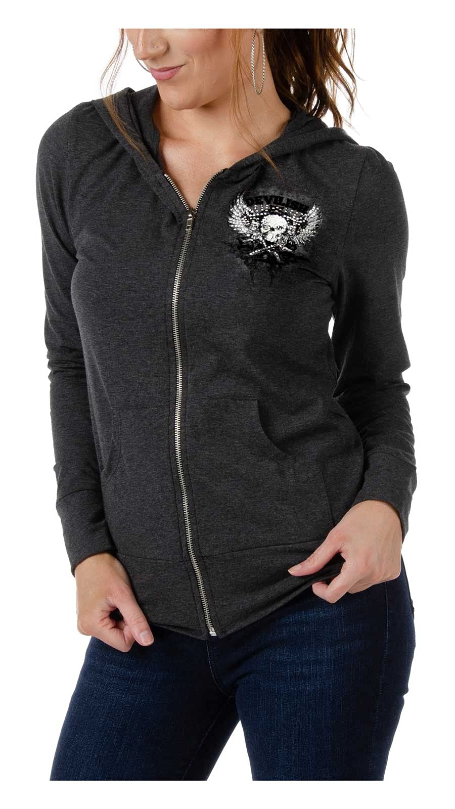 Liberty Wear Women's Devilish Embellished Zip-Up Heavyweight Hoodie - Charcoal Grey | Cozy Winter Pullover for Casual Outfits & Streetwear Fashion