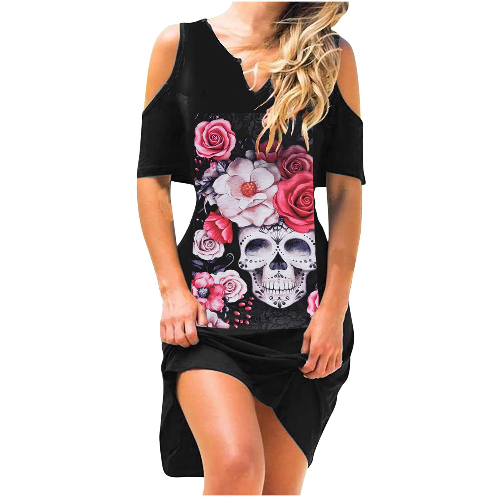 Women's Cold Shoulder Skull Print V-Neck Floral Dress - Vintage Loose Fit Casual Summer Dress for Outings, Parties & Beach Wear