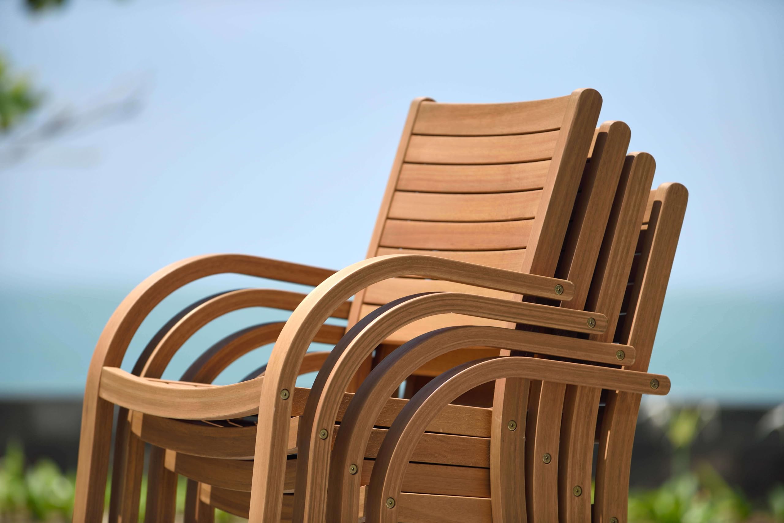 Amazonia Arizona Teak Finish Stacking Patio Chairs - Set of 4 Durable Indoor Outdoor Furniture for Garden, Poolside, Deck & Backyard - Light Brown