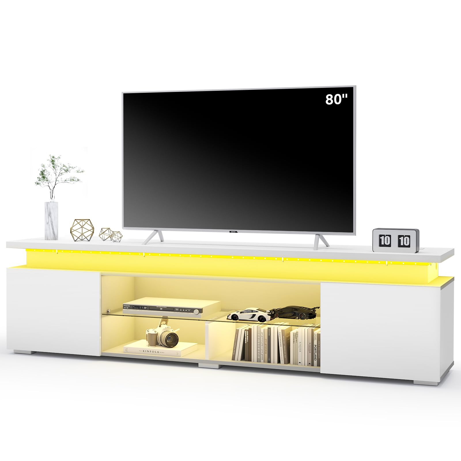 Modern White TV Stand with Light for 75-85 Inch TVs - Entertainment Center with Storage Cabinet & Open Glass Shelves - 2 AC Outlets - Perfect for Living Room & Bedroom - Stylish Media Console for Home Theater Setup & Family Entertainment