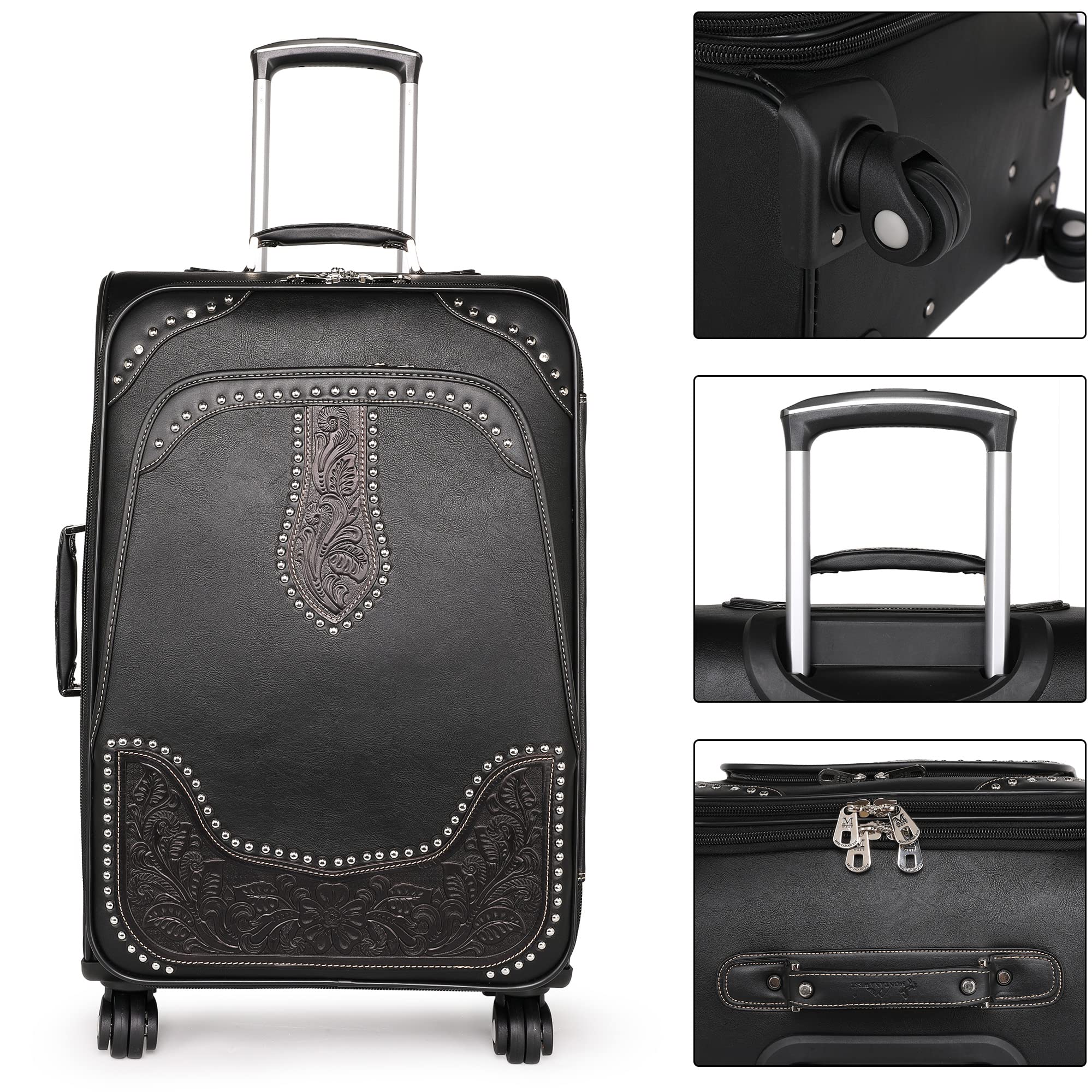 Montana West Western Tooled 3-Piece Luggage Set - Vegan Leather Embossed Suitcase with Spinner Wheels, Carry-On & Duffle Bag for Travel (Black) - Perfect for Business Trips, Vacations & Airplane Carry-Ons