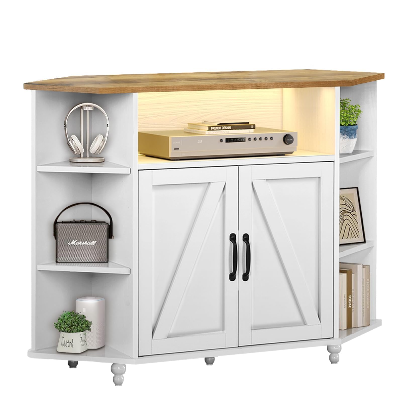 4 EVER WINNER 55 Inch Corner TV Stand with LED Lights, Adjustable Shelves & Barn Doors - Farmhouse Style Entertainment Center for Living Room, Bedroom - Perfect for Small Spaces & Home Theater Setup