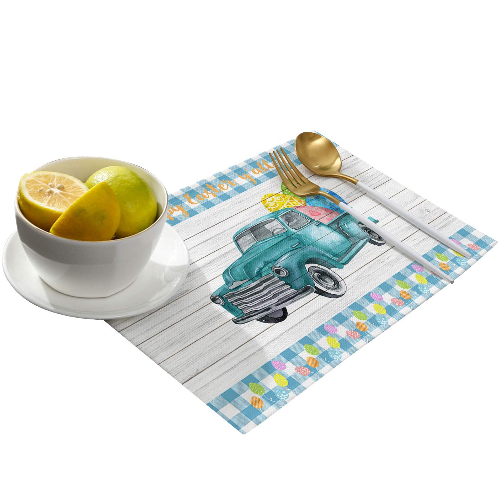 Easter Egg Truck Placemats Set of 4 - Blue Check Plaid Wood Grain Table Mats for Easter & Spring Holiday - Washable Cotton Linen Table Decor for Dining Room, Kitchen, and Party Settings