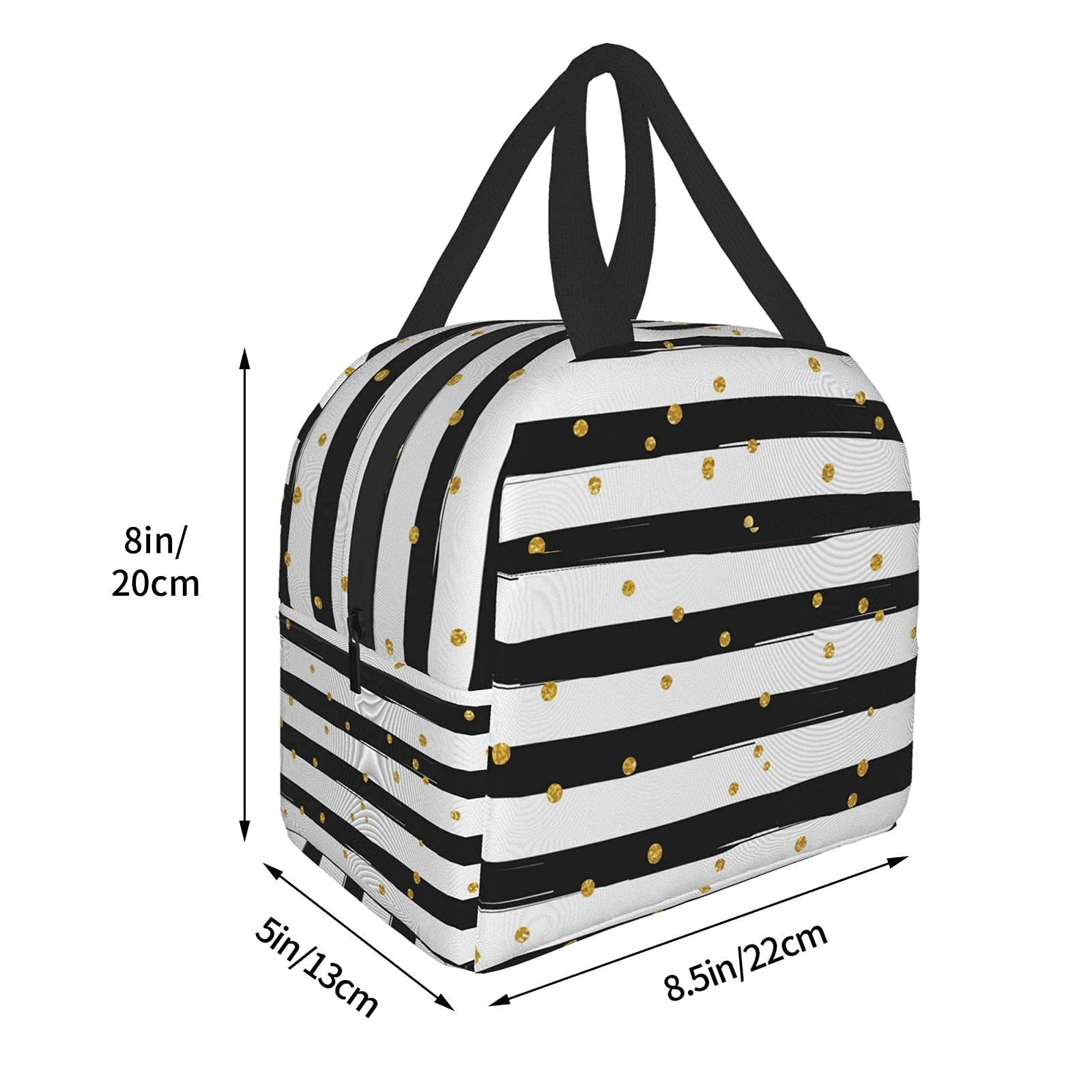 Black and White Striped Insulated Lunch Bag with Golden Polka Dots - Reusable Compact Tote Lunch Box for Women & Men - Perfect for School, Office, Work, Picnics and Outdoor Activities