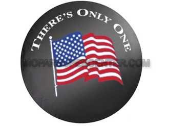 Jeep Wrangler Black Denim Tire Cover with American Flag & 'THERE'S ONLY ONE' Design - Durable Spare Wheel Cover for Off-Road Adventures & Patriotic Style