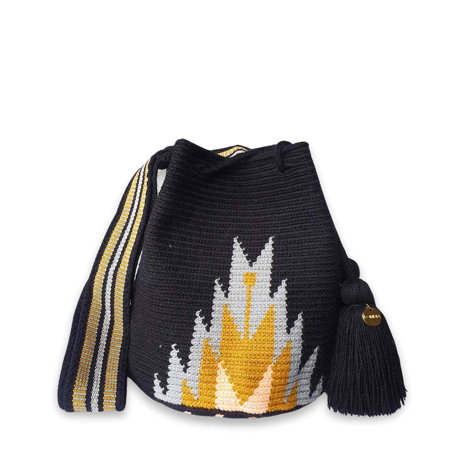 Authentic Handmade Wayuu Mochila Bag from Colombia - Medium Crochet Crossbody Purse, Ethnic Bucket Bag (Fogata) - Perfect for Travel, Beach & Boho Fashion Accessories