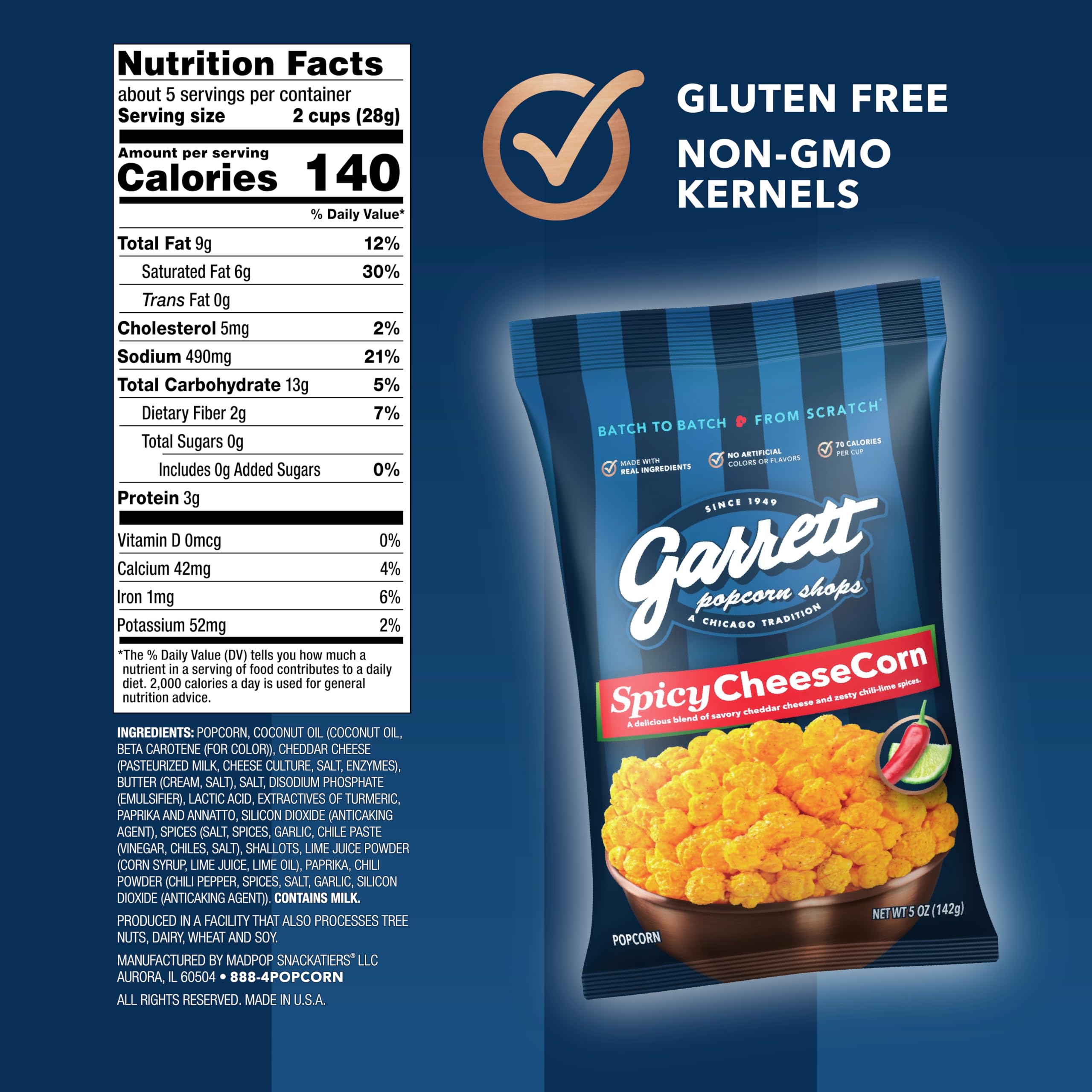 Garrett Popcorn Spicy Cheddar Cheese Popcorn - 5.0oz (4 Bags) | Gluten-Free, Spicy Snack | Perfect for Movie Nights, Parties & Office Snacking