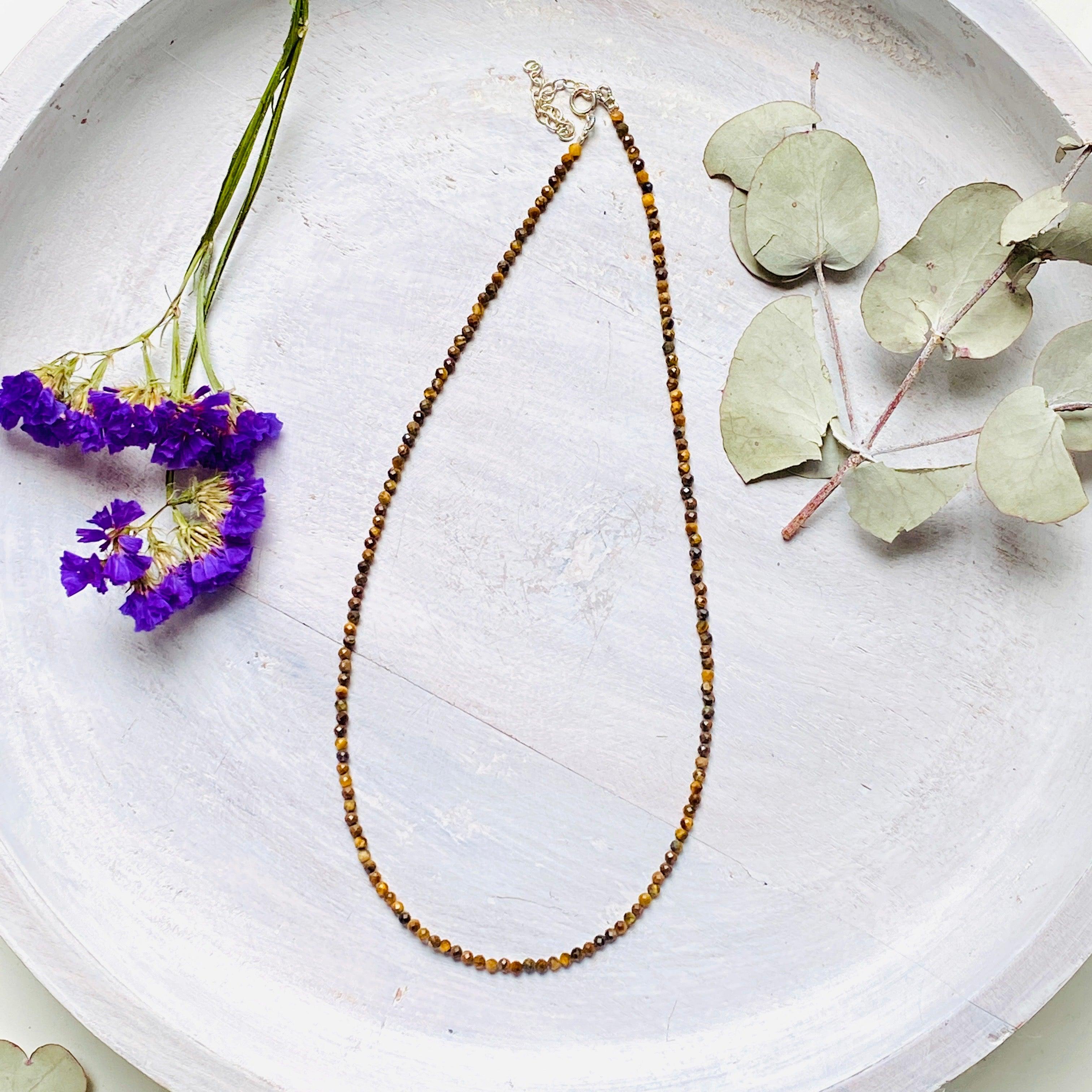 Tiger's Eye Micro Bead Necklace - Natural Stone Healing Jewelry for Women - Perfect for Meditation, Yoga & Spiritual Gifts