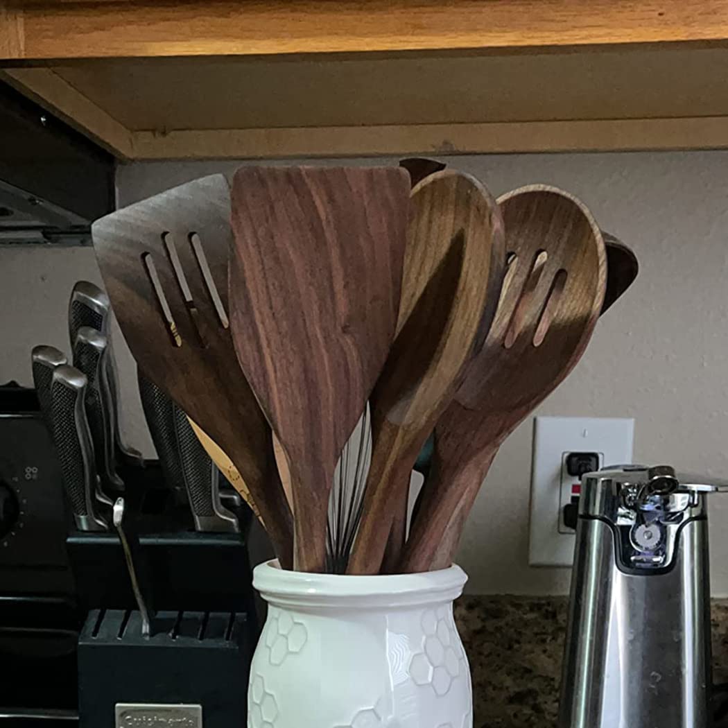 Premium Black Walnut Kitchen Utensils Set - Handmade Natural Wooden Spoons, Slotted Spoon, Spaghetti Server & Spatulas for Cooking & Serving | Ideal for Home Chefs, Gourmet Cooking & Elegant Dining