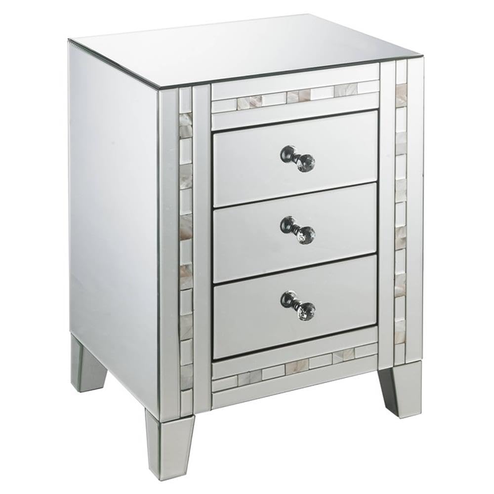 Acme NASA Glass Nightstand with 3 Drawers - Mirrored & Mother of Pearl Finish - Modern Bedroom Furniture for Small Spaces & Contemporary Home Decor
