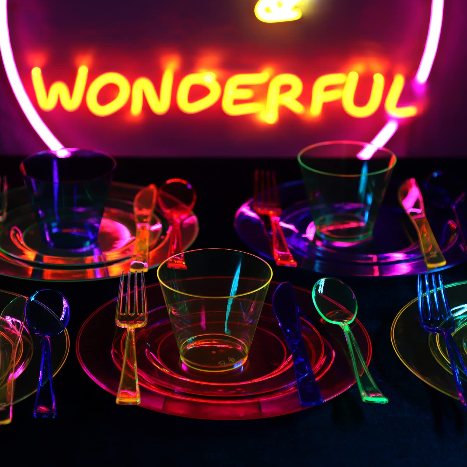Supernal 216-Piece Neon Party Supplies Set - Disposable Hard Plastic Plates, Cups, Cutlery (Forks, Knives, Spoons) in Vibrant Neon Pink, Blue, Green & Yellow - Perfect for Birthday Parties, Halloween Celebrations, Rave Events & Glow-in-the-Dark Themed Gatherings
