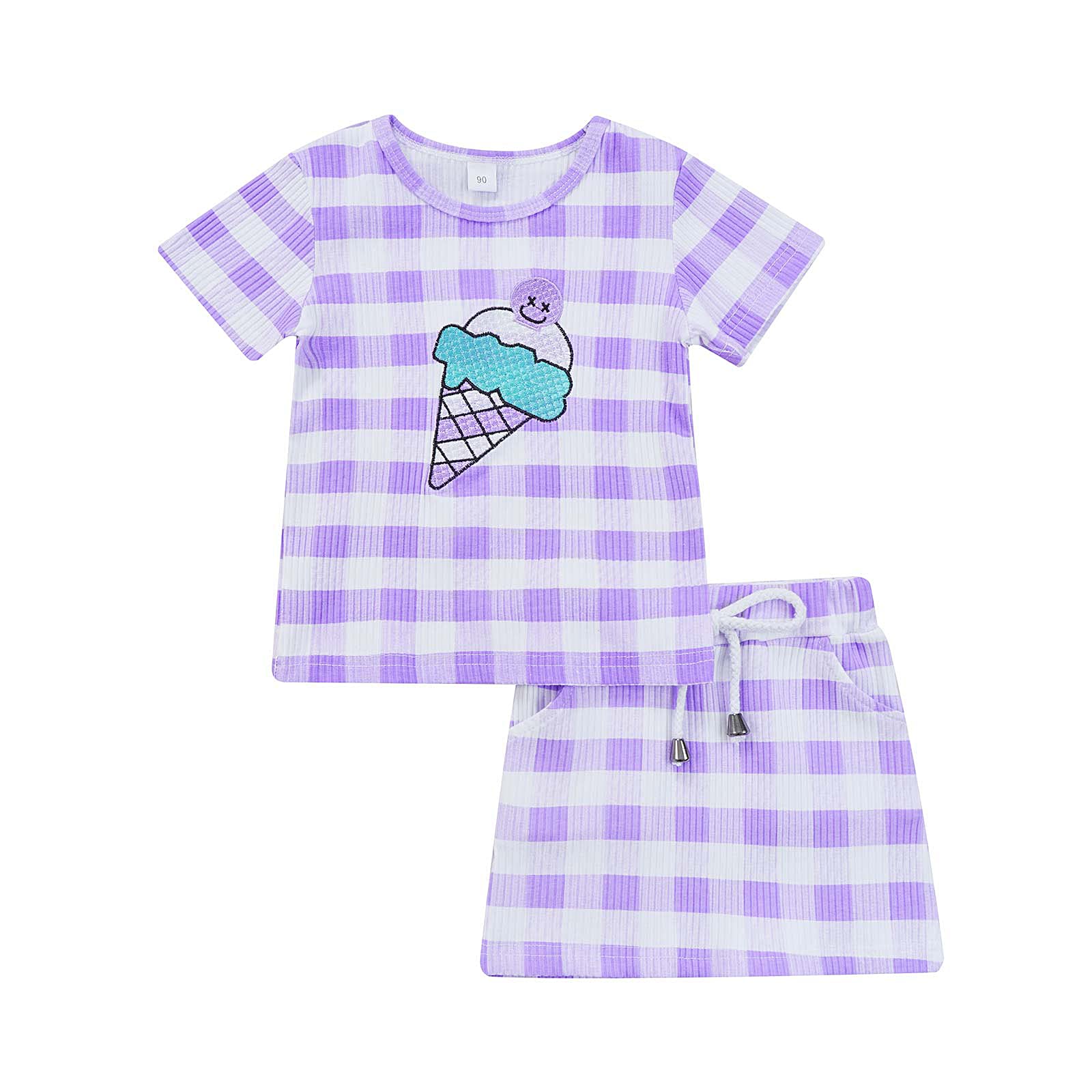 Baby Girls' Plaid Short Sleeve Top & Skirt Set - Cute Ice Cream Print Summer Outfit with Elastic Waist & Drawstring | Perfect for Playdates, Beach Trips & Family Photos