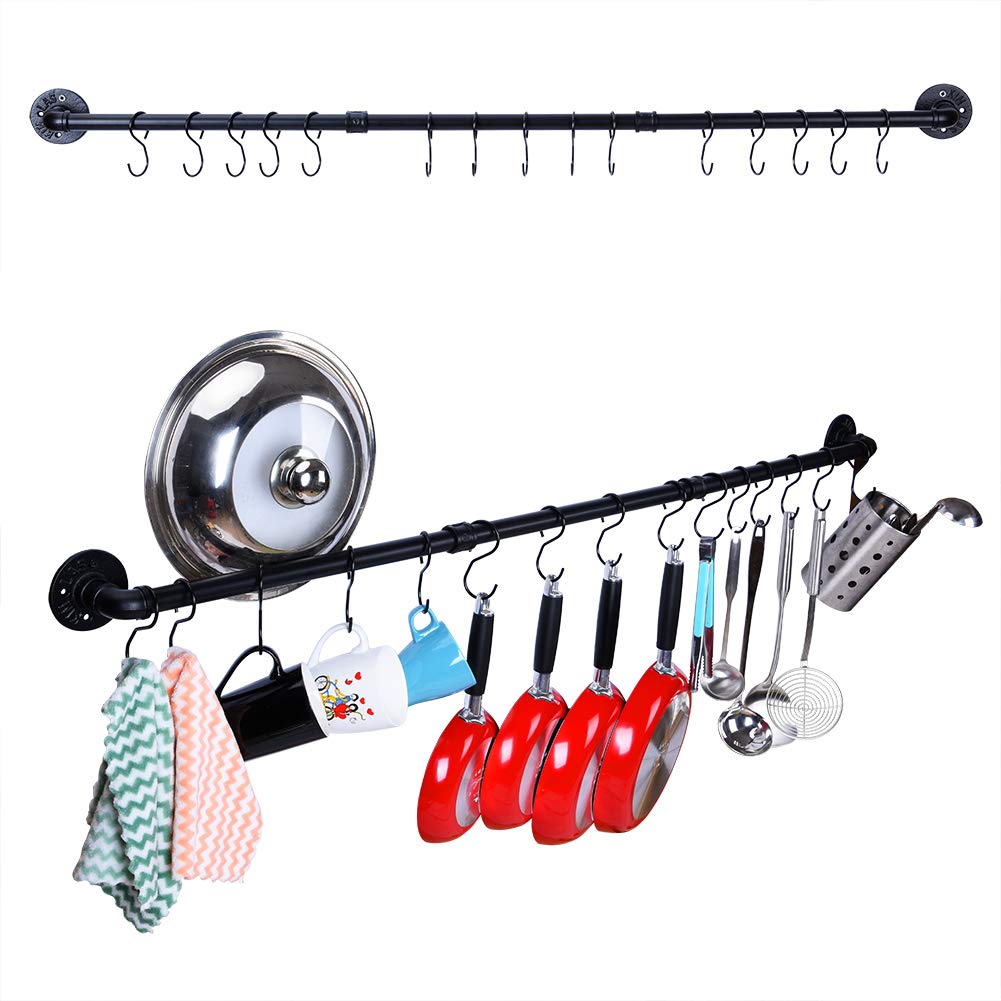 50.4 Inch Wall Mounted Pot Rack with 15 S Hooks - Industrial Kitchen Pot and Pan Hanging Rail Organizer, Black - Perfect for Small Kitchens, RV Cooking & Space-Saving Storage