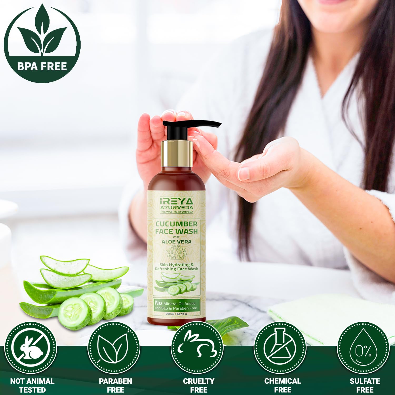 Cucumber Aloe Vera Face Wash 200ml - Natural & Vegan Facial Cleanser for Men & Women - With Cucumber Extract & Aloe Vera Gel - Pure, Cruelty-Free Skincare by Ireya Ayurveda - Perfect for Daily Cleansing & Hydration