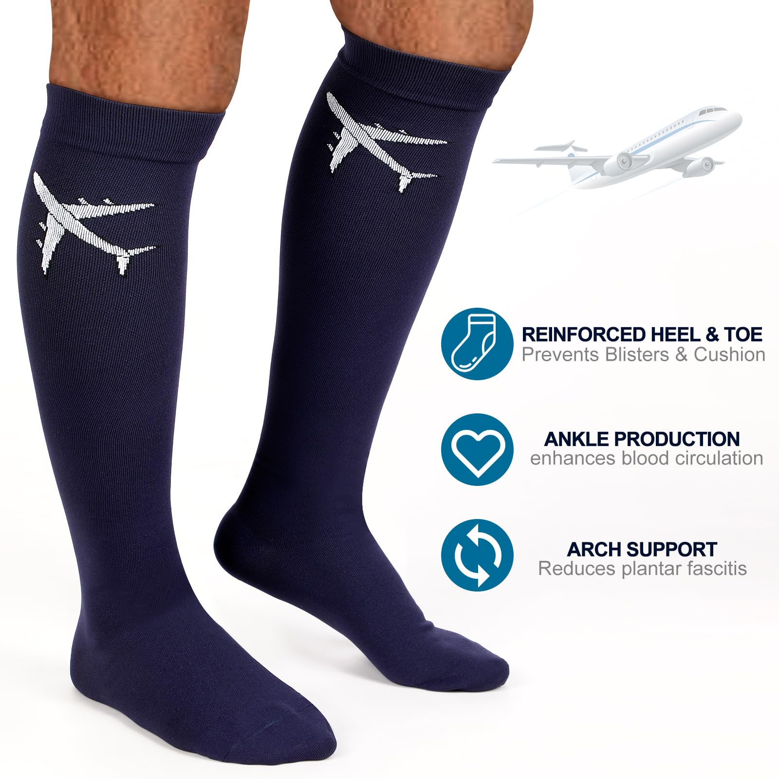 2 Pairs 15-25 mmHg Graduated Compression Socks for Men & Women - Knee High Travel Socks for Airplane Flights, Long Trips & Circulation Support - Perfect for Flying, Hiking & Work