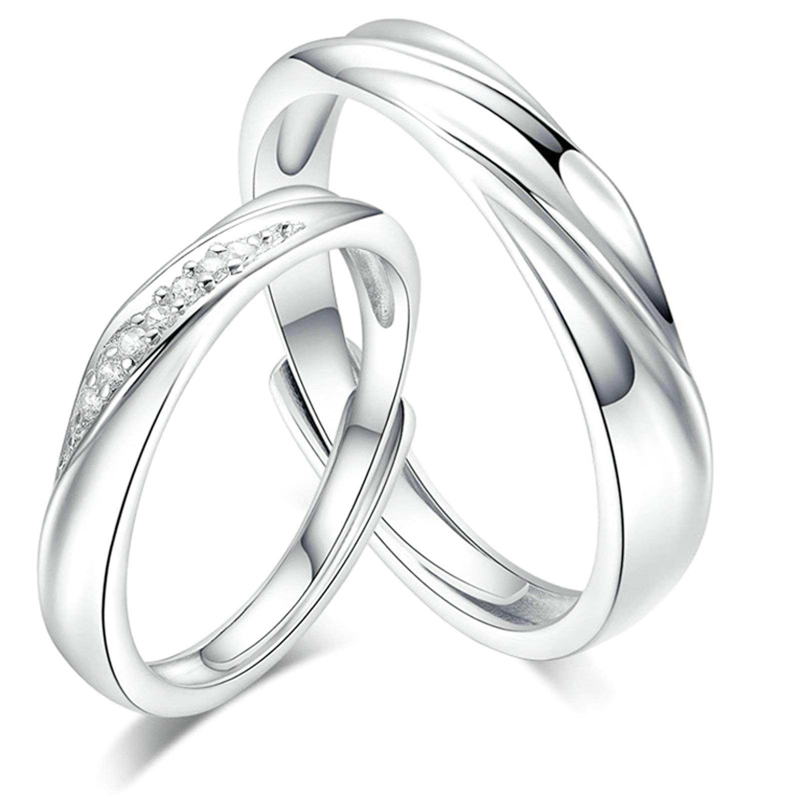 Beydodo Sterling Silver Matching Couple Rings Set with Cubic Zirconia - Adjustable Wedding Bands for Him & Her - Perfect for Anniversaries, Engagements and Romantic Gifts