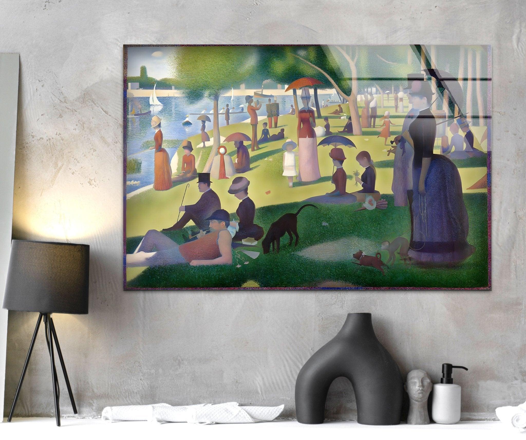 Georges Seurat Grande Jatte Island Glass Wall Art - Sunday Afternoon Painting Reproduction - Perfect for Living Room, Bedroom & Office Decor