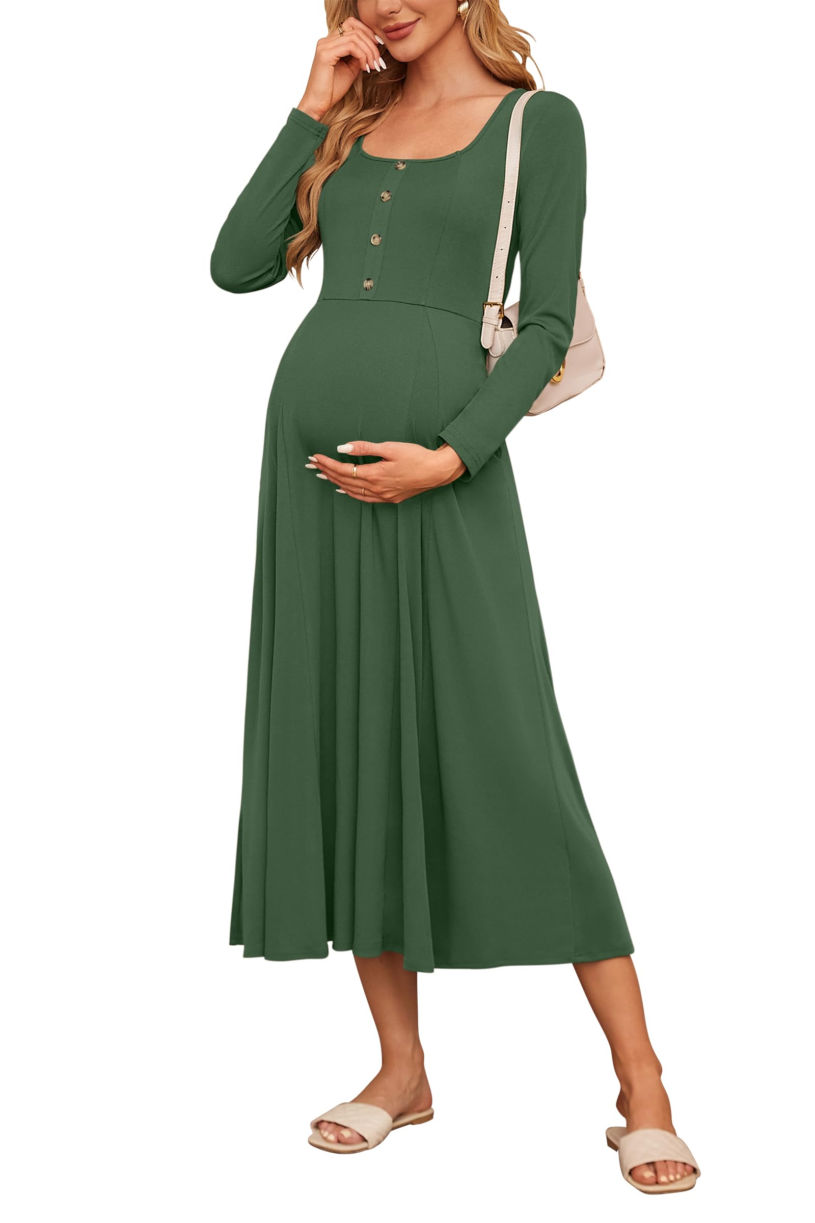 OUGES Women's Maxi Maternity Dress for Photoshoot - Fall Long Sleeve Button Down Square Neck Baby Shower Pregnancy Dress 2024 | Perfect for Maternity Photos, Baby Showers & Special Occasions