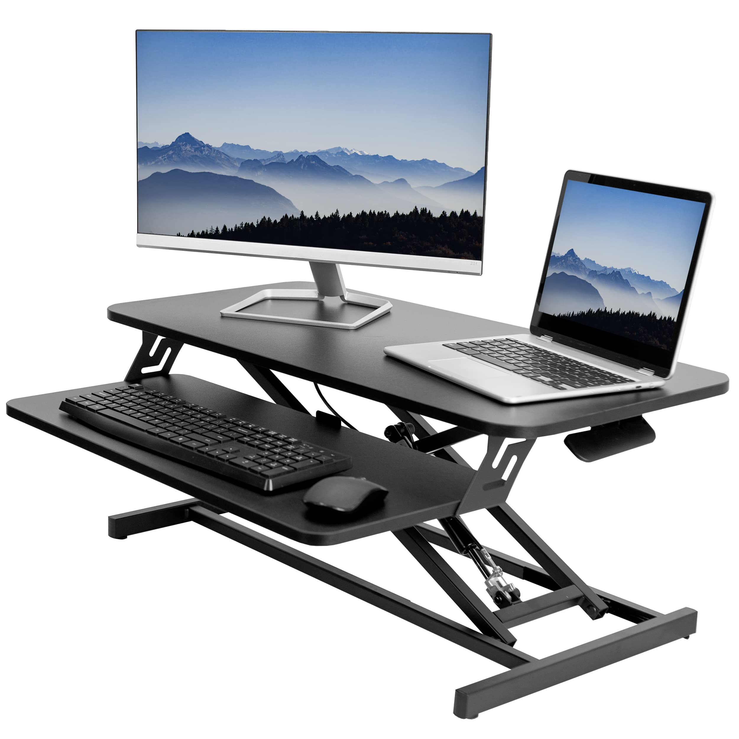 VIVO 32 Inch Adjustable Height Stand Up Desk Converter - Quick Sit to Stand Workstation with Dual Monitor Riser, Black (DESK-V000S) - Perfect for Home Office, Gaming & Ergonomic Workspace Setup