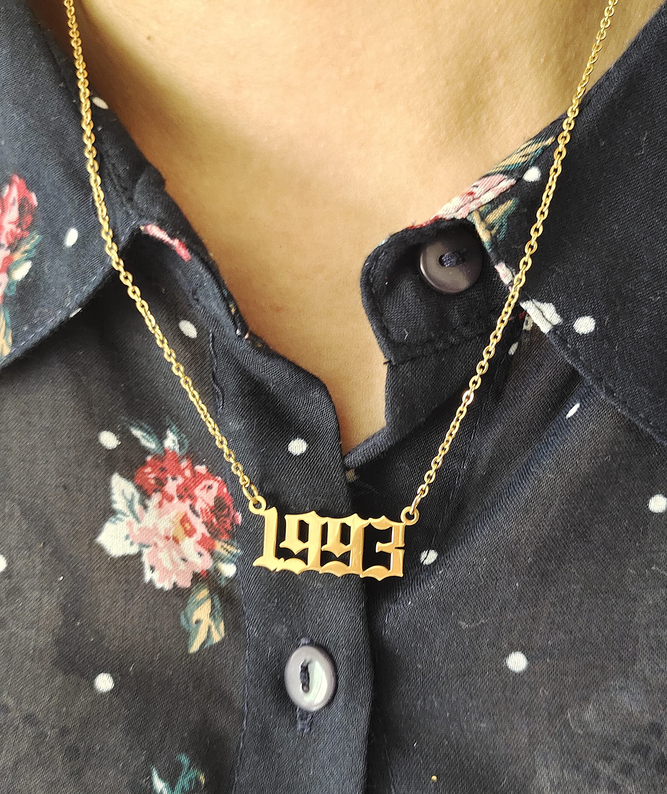 Birth Year Necklace for Women - Custom Number Pendant Jewelry with Old English Charm - 18k Gold Plated or Silver Angel Friendship Necklace - Perfect Birthday Gift & Anniversary Present for Her