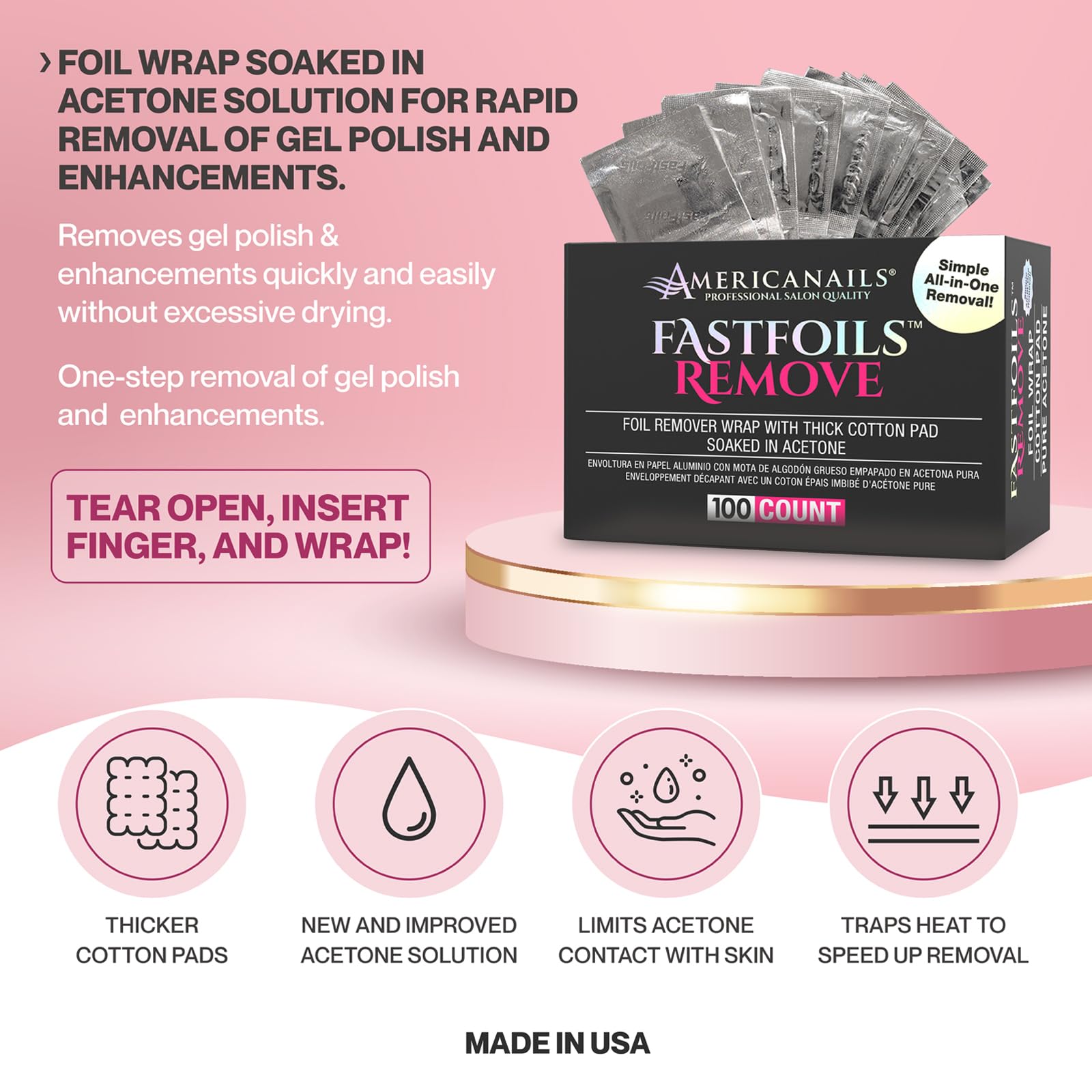 Americanails FastFoils 100ct One Step Gel Polish Foil Remover Wraps - All-in-One Nail Polish Remover with Thick Cotton Pads & Pure Acetone - Removes Gel, Acrylic & Dip Nails - Perfect for Salon & At-Home Manicures