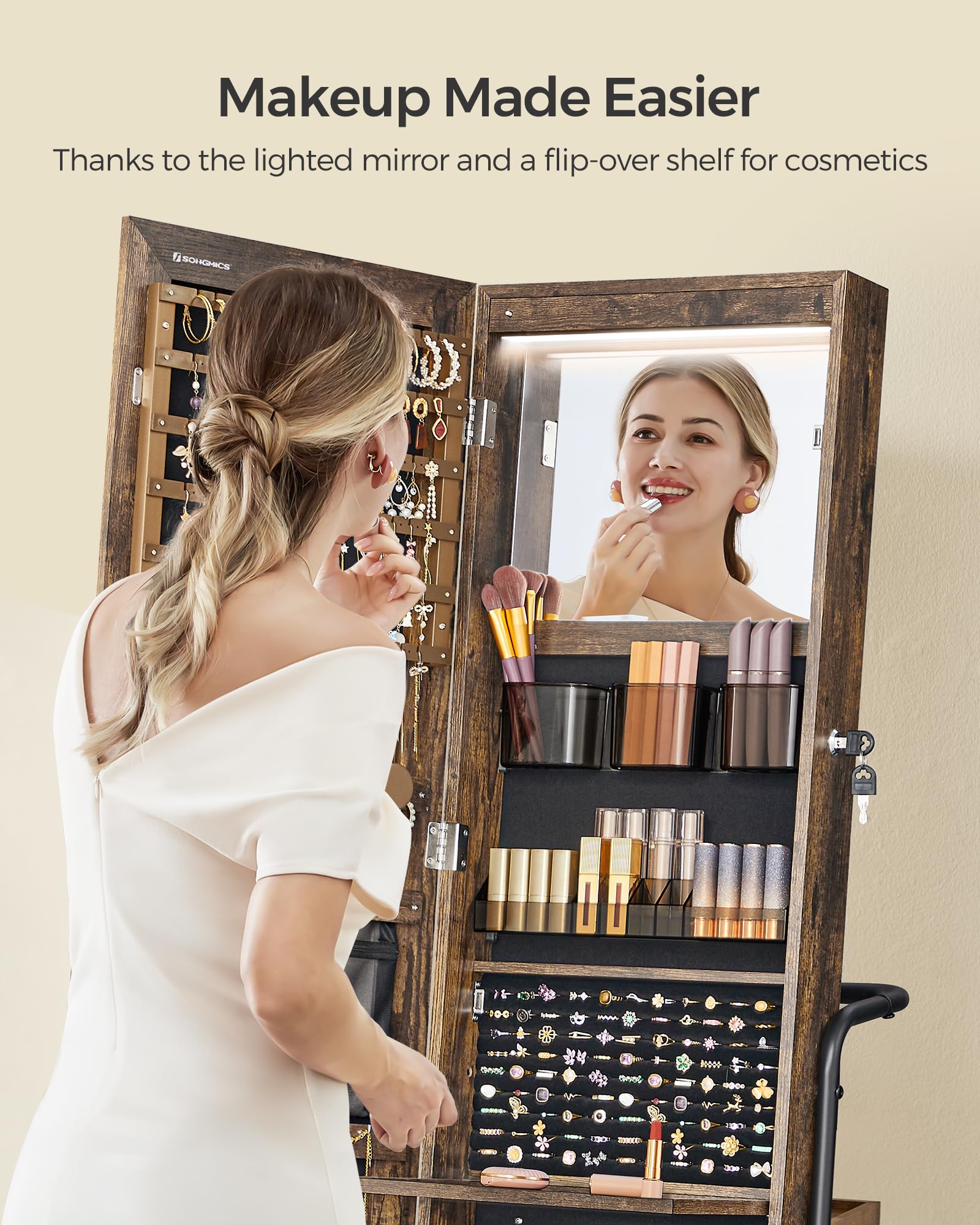 SONGMICS 360° Swivel Full-Length Mirror Jewelry Cabinet with LED Lights - Jewelry Armoire Organizer with Large Storage Basket & Makeup Shelf, Rustic Brown UJJC018X01 - Perfect for Bedroom, Dressing Room & Closet Organization