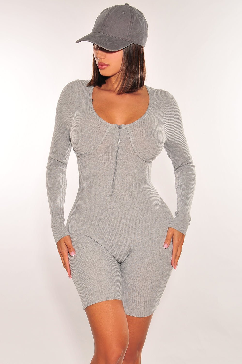 HMS Essential Gray Ribbed Knit Faux Bustier Zipper Long Sleeve Romper Jumpsuit - Women's Fashion Bodycon Outfit for Party, Date Night & Casual Wear