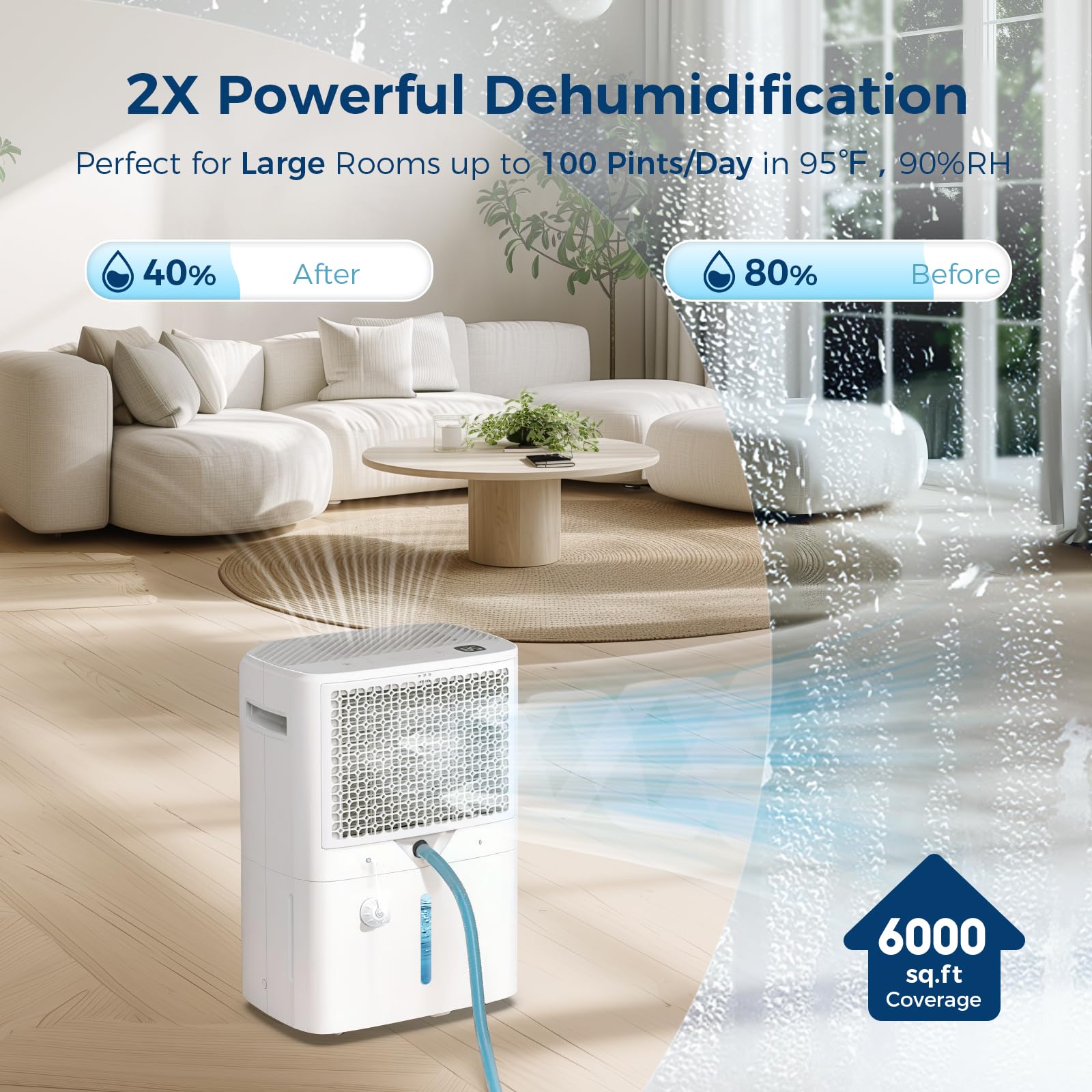 **Energy Star 100 Pint Dehumidifier for Basement & Large Rooms (6,000 Sq. Ft) – Quiet Operation, Adjustable Humidity Control, 24H Timer, 1.5 Gal Water Bucket with Drain Hose – Ideal for Home, Office & Storage Spaces**