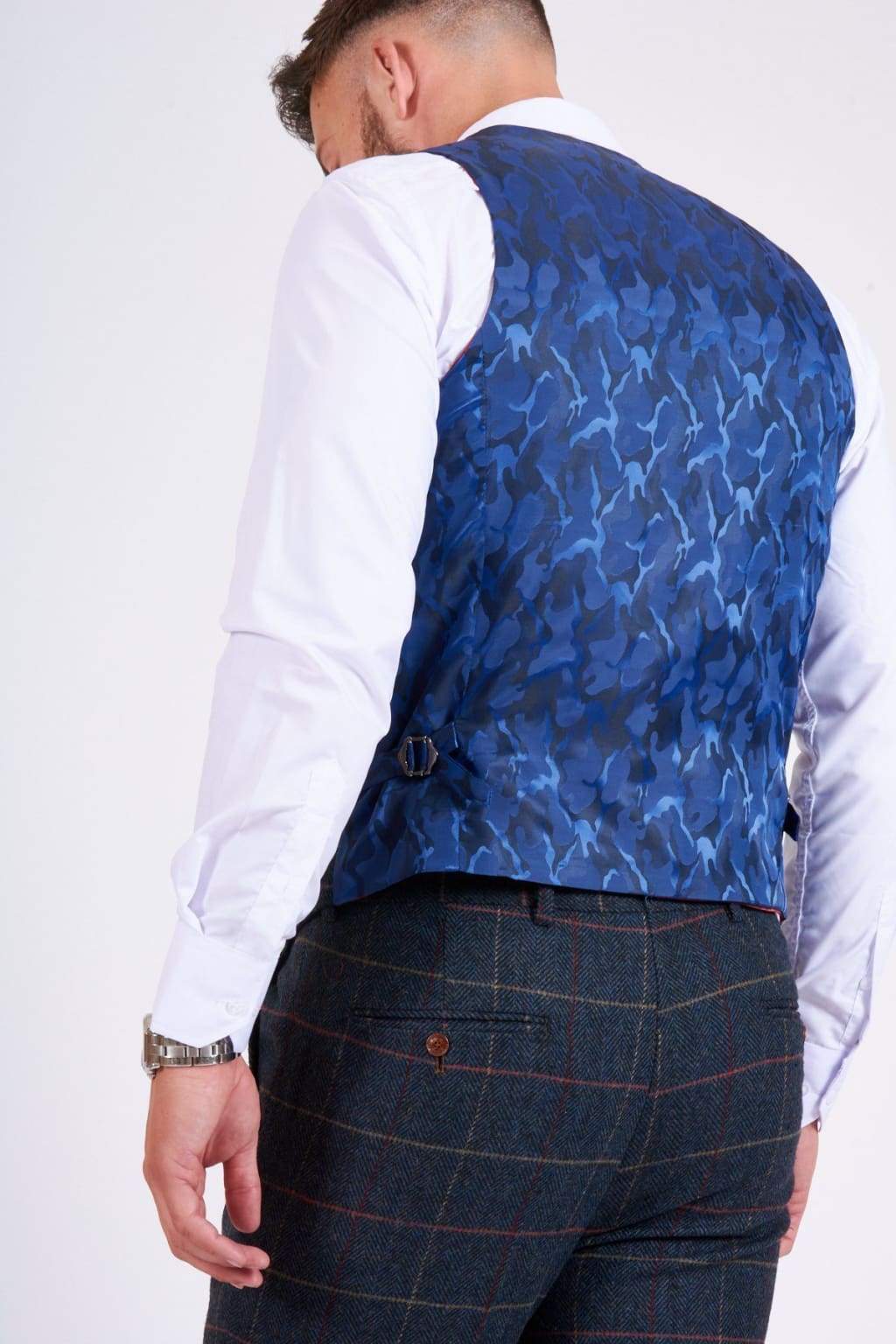 Marc Darcy Eton Men's Blue Slim Fit Tweed Check Suit Waistcoat Vest | Formal & Business Attire | Wedding, Office & Special Occasion Wear