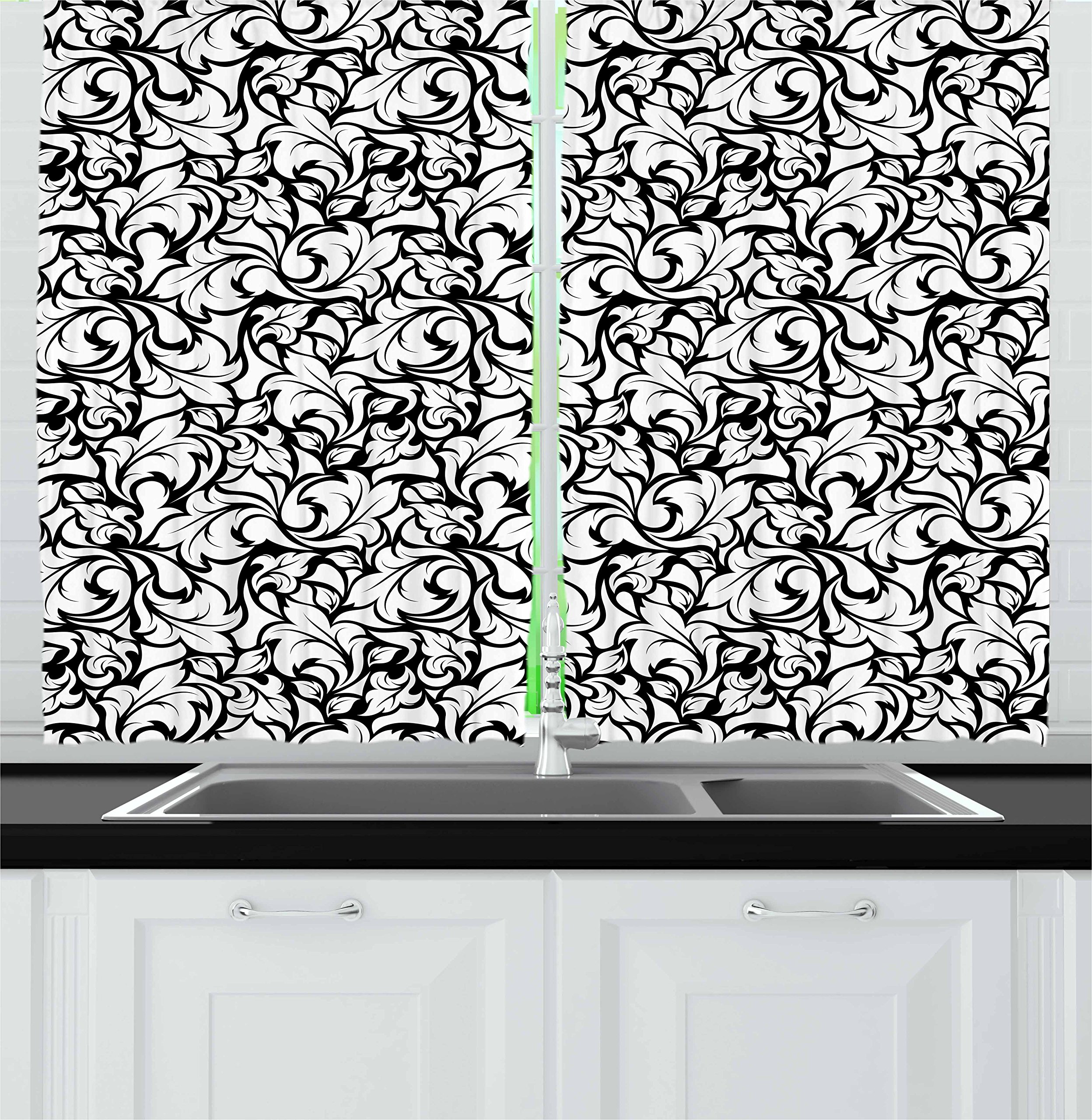 Ambesonne Black and White Floral Kitchen Curtains Set of 2 - Monochrome Abstract Leaves Design, 55