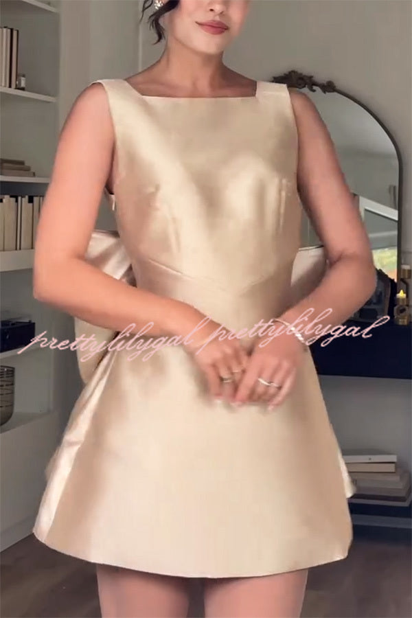 Ultimate Muse Satin Oversized Bow Detail Square Neck Mini Dress - Elegant Party & Cocktail Dress for Women, Perfect for Weddings, Date Nights & Special Occasions