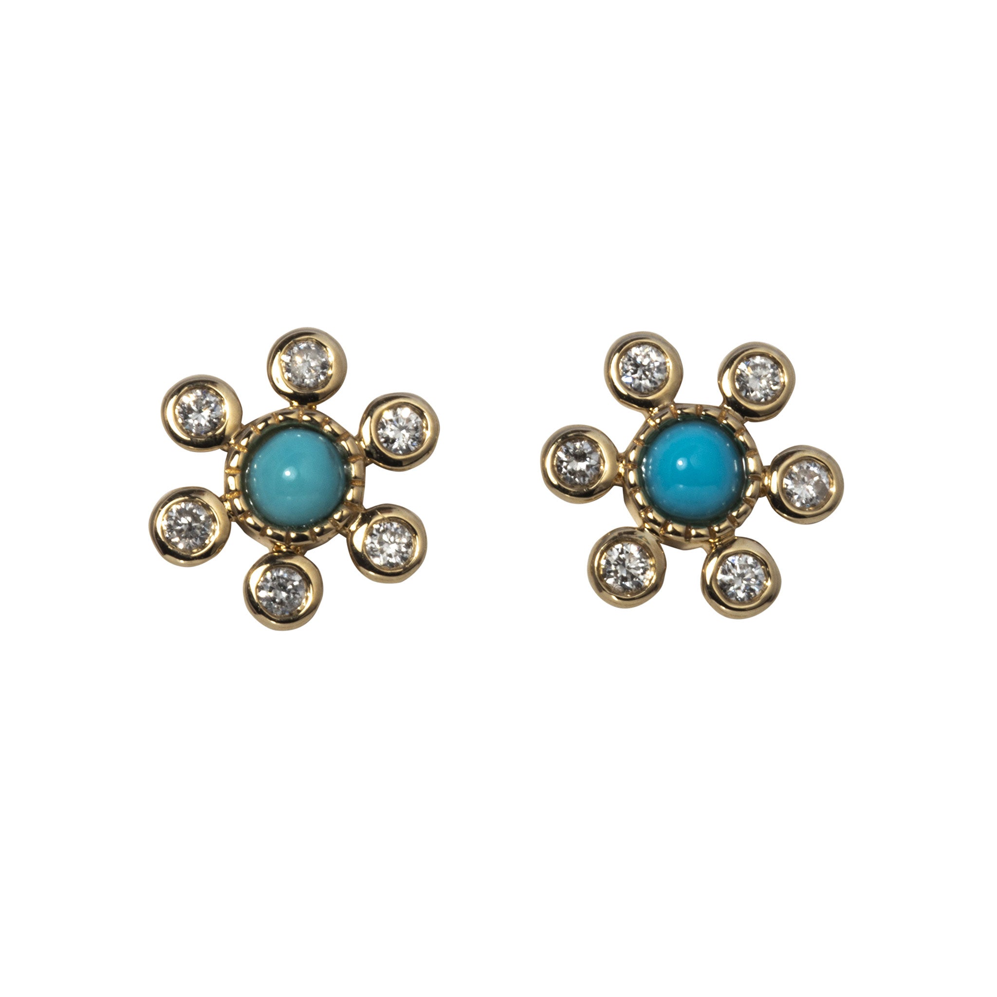 14K Gold Turquoise & Diamond Halo Bezel Stud Earrings - Elegant Jewelry for Women, Perfect for Weddings, Parties & Special Occasions
