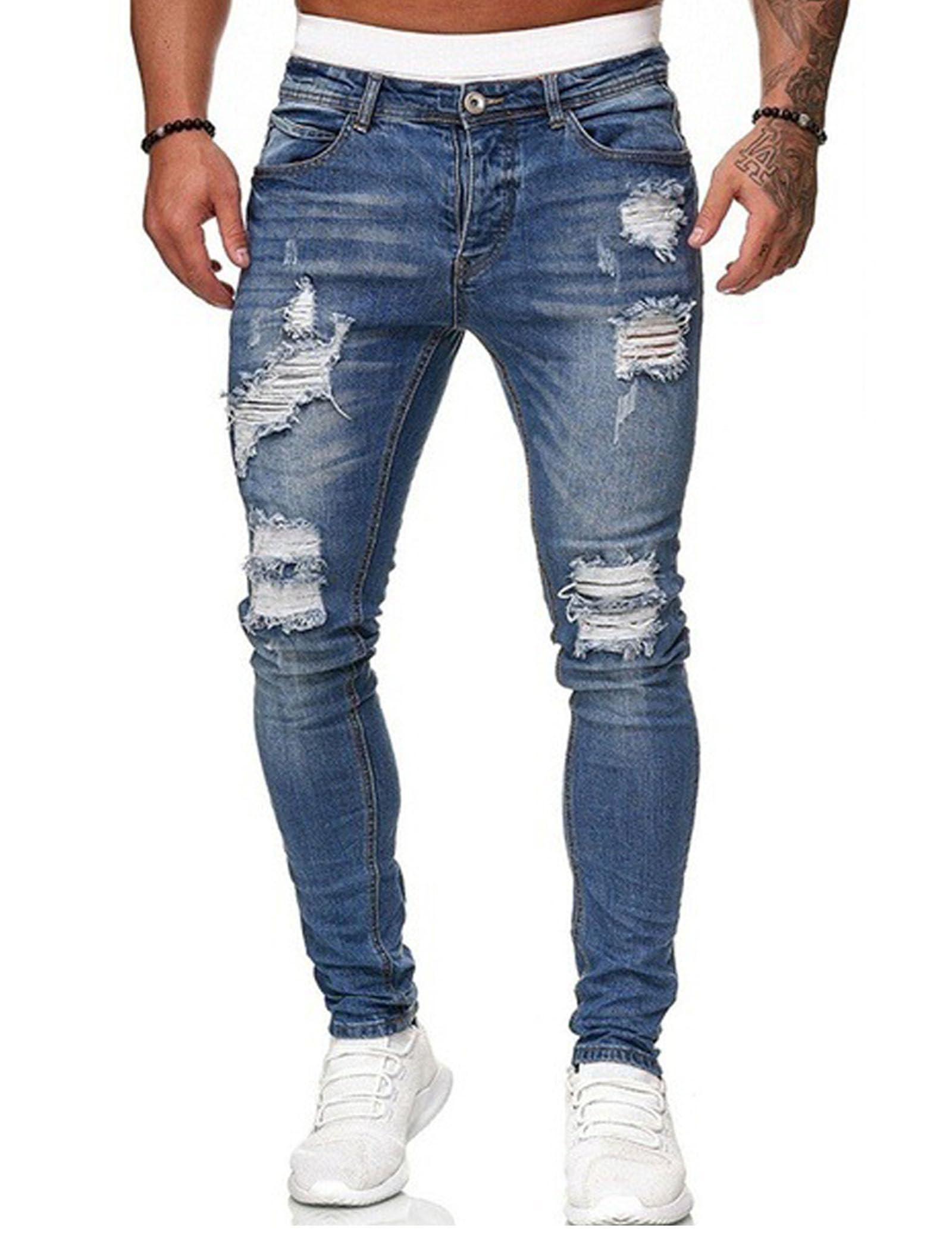 HUNGSON Men's Blue Slim Fit Stretch Ripped Skinny Jeans with Side Stripes - Trendy Distressed Denim Pants for Casual Wear & Night Out