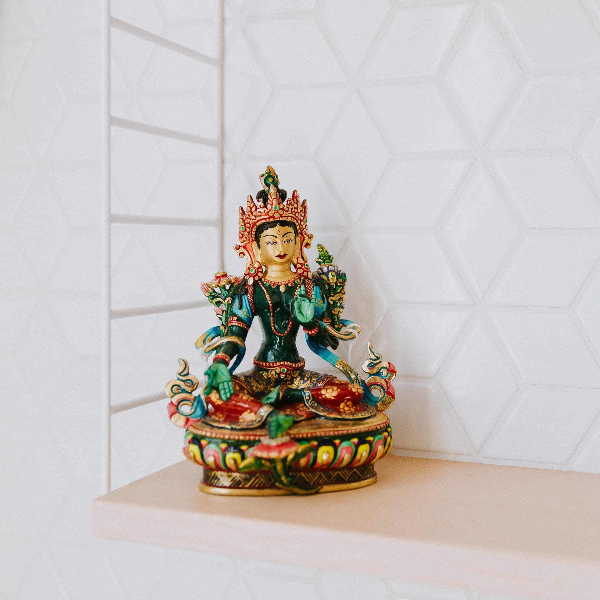 Hand Painted Green Tara Statue - 12 Inch Tibetan Buddhist Statue for Home Altar, Meditation & Spiritual Decor | Perfect for Yoga Studios, Buddhist Shrines & Peaceful Home Decor
