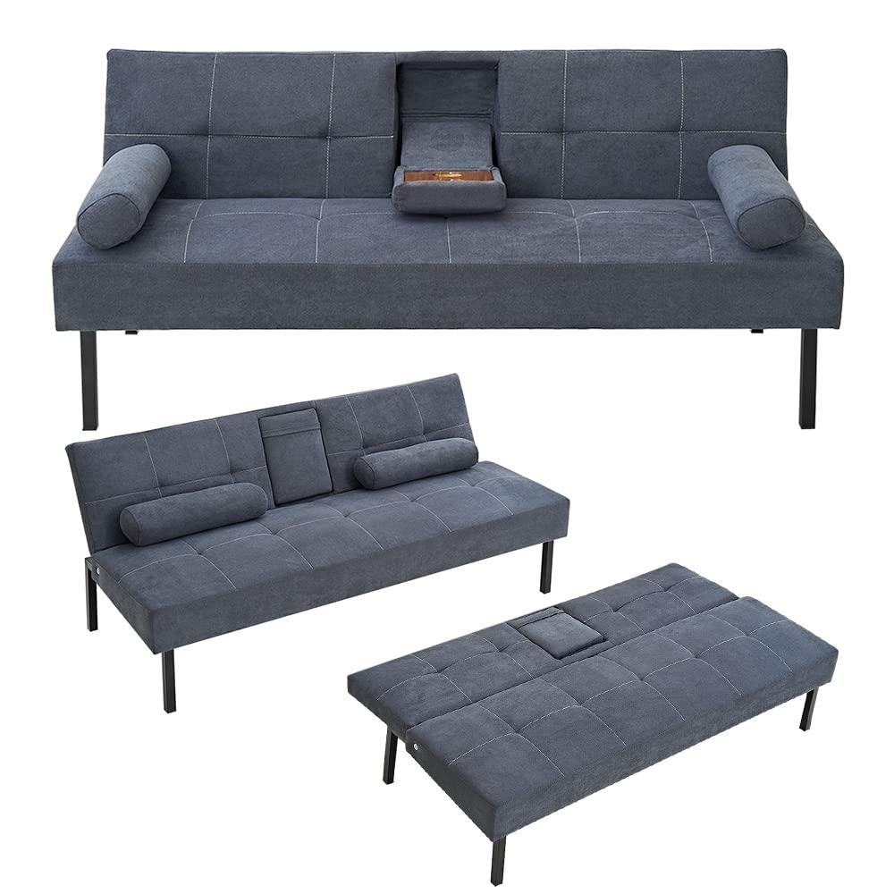 Convertible Sofa Bed with Linen Upholstery - 3-in-1 Futon Couch Sleeper, Reversible Loveseat & Folding Daybed - Space-Saving Guest Bed for Living Room, Apartment, Dorm & Bonus Room (Grey) - Perfect for Small Spaces, Overnight Guests & Multi-Functional Lounging
