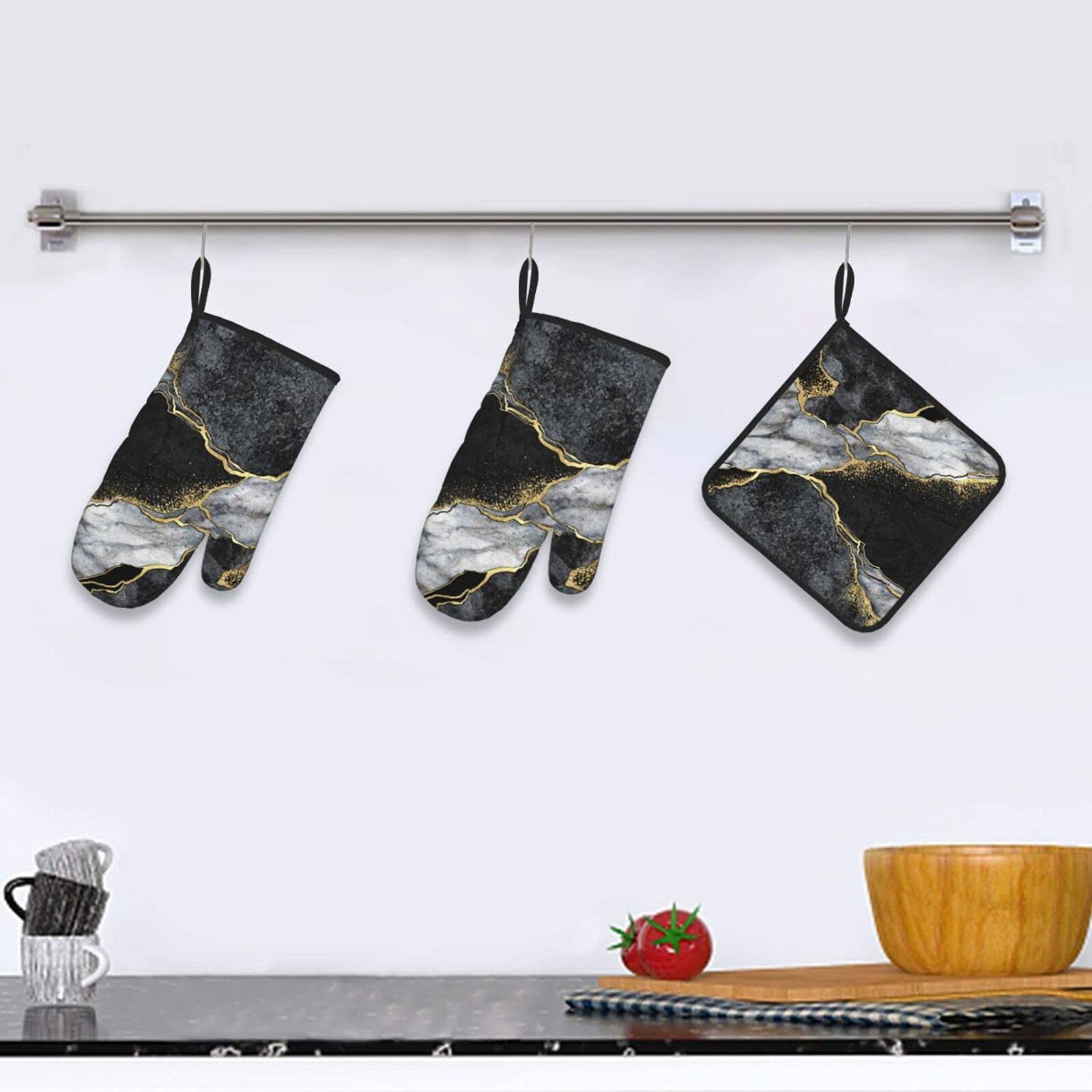 Heat Resistant Oven Mitts and Pot Holders Set of 3 - Black Marble Gold Crack Design, Non-Slip Kitchen Gloves for Baking, Cooking, Grilling & BBQ - Perfect for Home Chefs and Holiday Cooking
