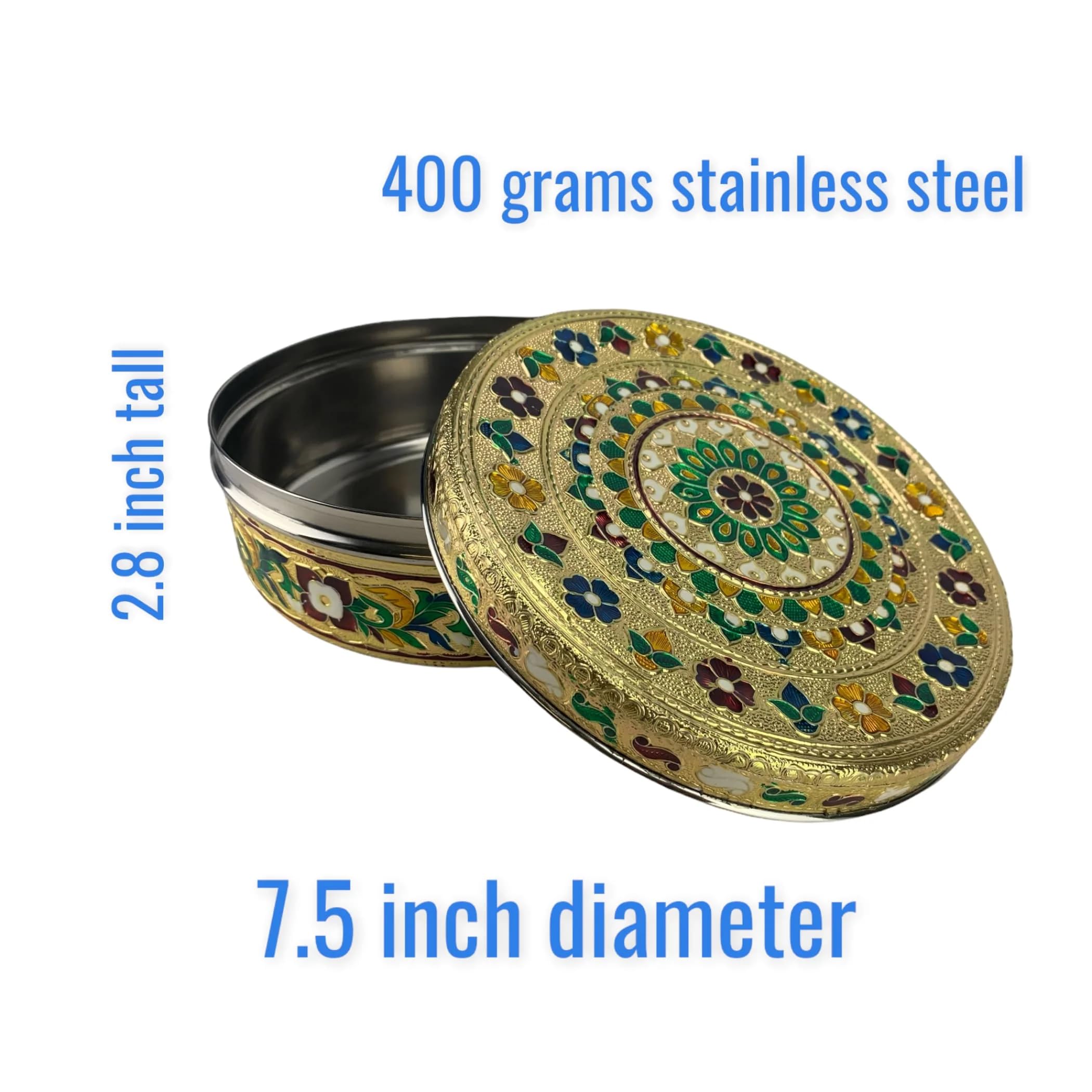 LoveNspire 7.5 Inch Stainless Steel Decorative Roti Papad Box - Meenakari Design Multipurpose Storage Container for Sweets, Spices, Laddus - Unique Gift for Guests - Perfect for Indian Kitchens, Weddings & Festive Celebrations