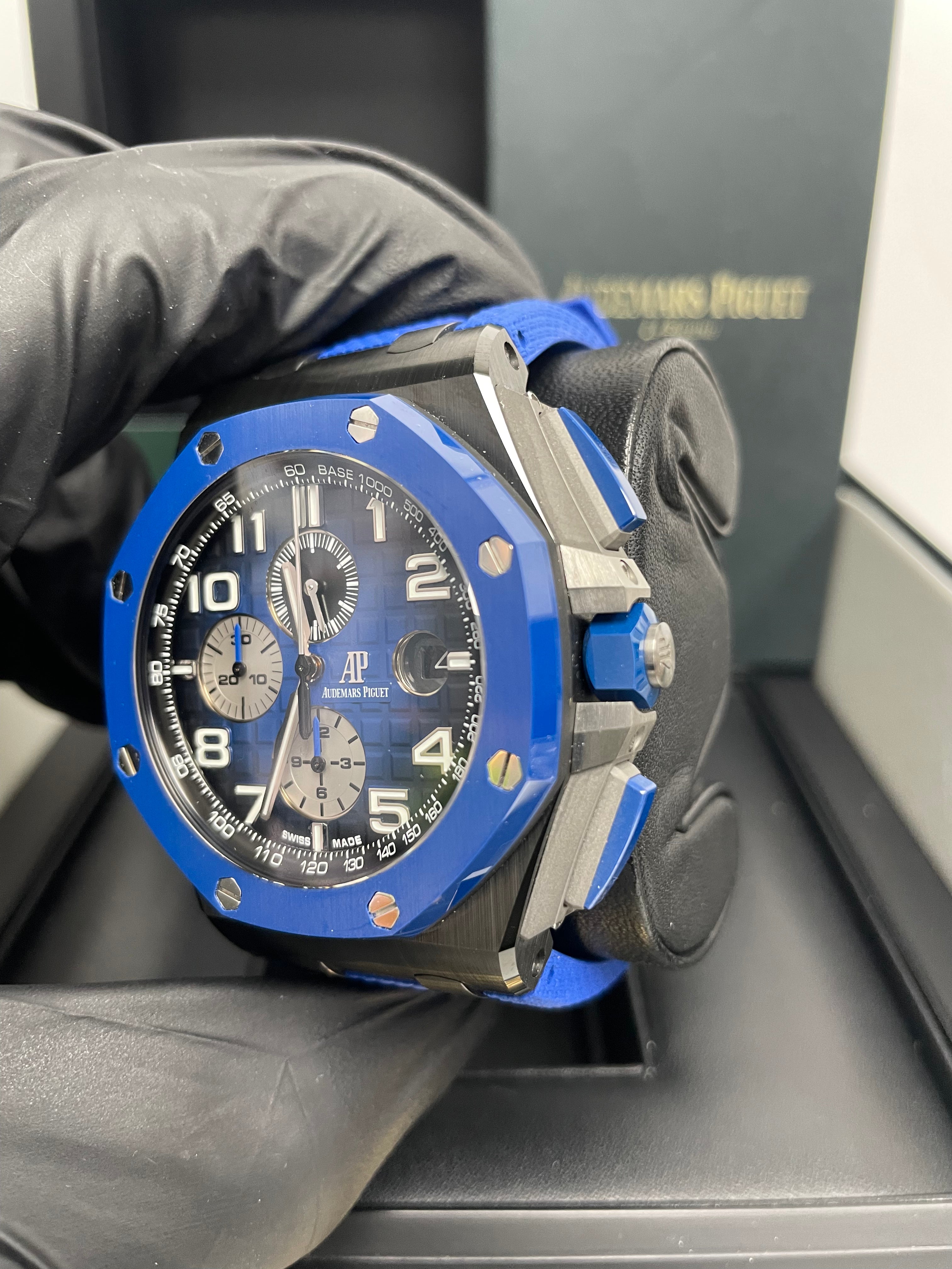 Audemars Piguet Royal Oak Offshore Selfwinding Chronograph Men's Watch - Stainless Steel Case, Blue Leather Strap, Blue Dial with White Subdials & Ceramic Bezel (Model 26405CE.OO.A030CA.01) - Luxury Sports Watch for Business, Formal Events & Collectors