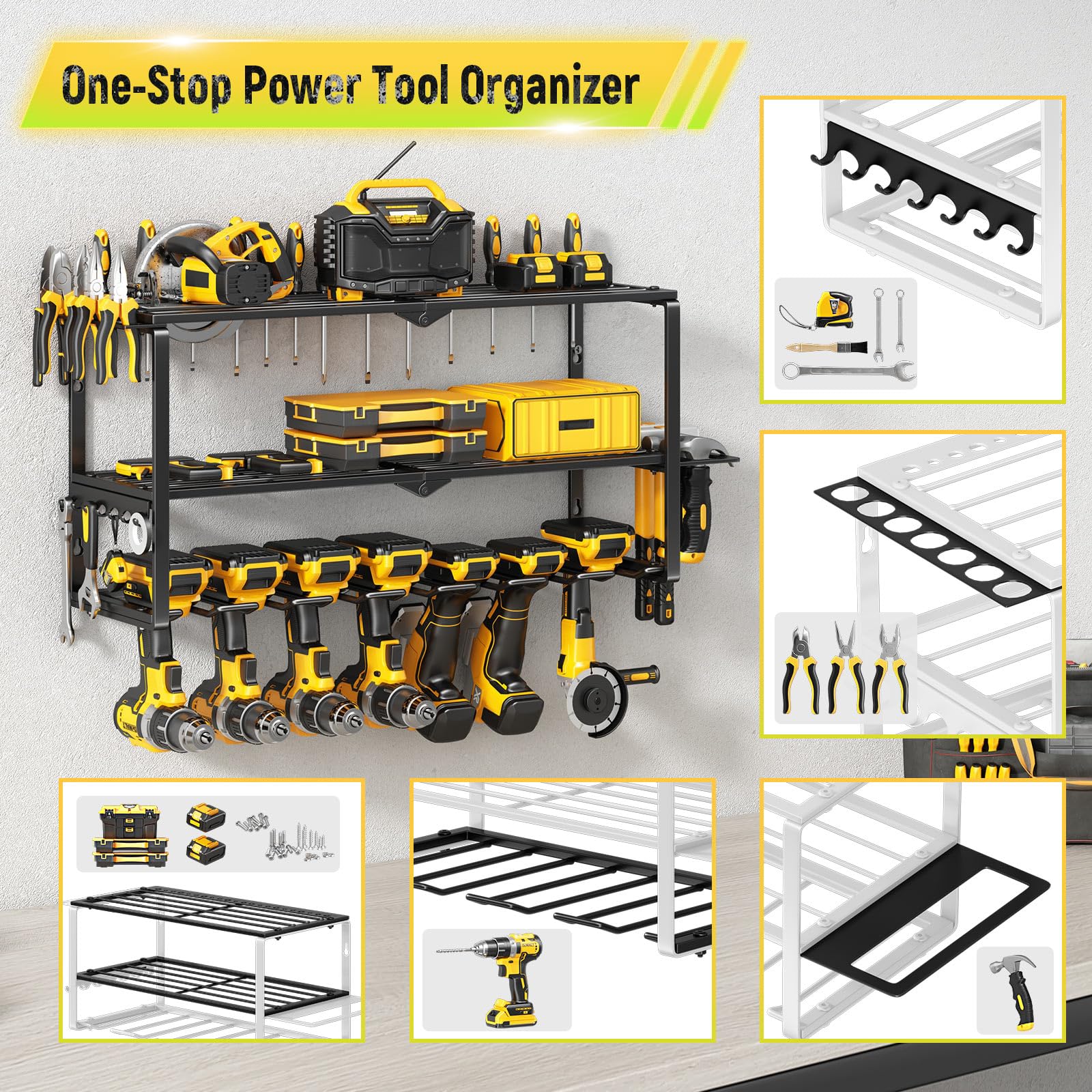 Heavy Duty Wall Mount Power Tool Organizer - 3-Tier Storage Rack with 7 Drill Holders, 150Lbs Capacity for Cordless Drills & Garage Tools | Workshop, Shed, Basement & Pegboard Organization