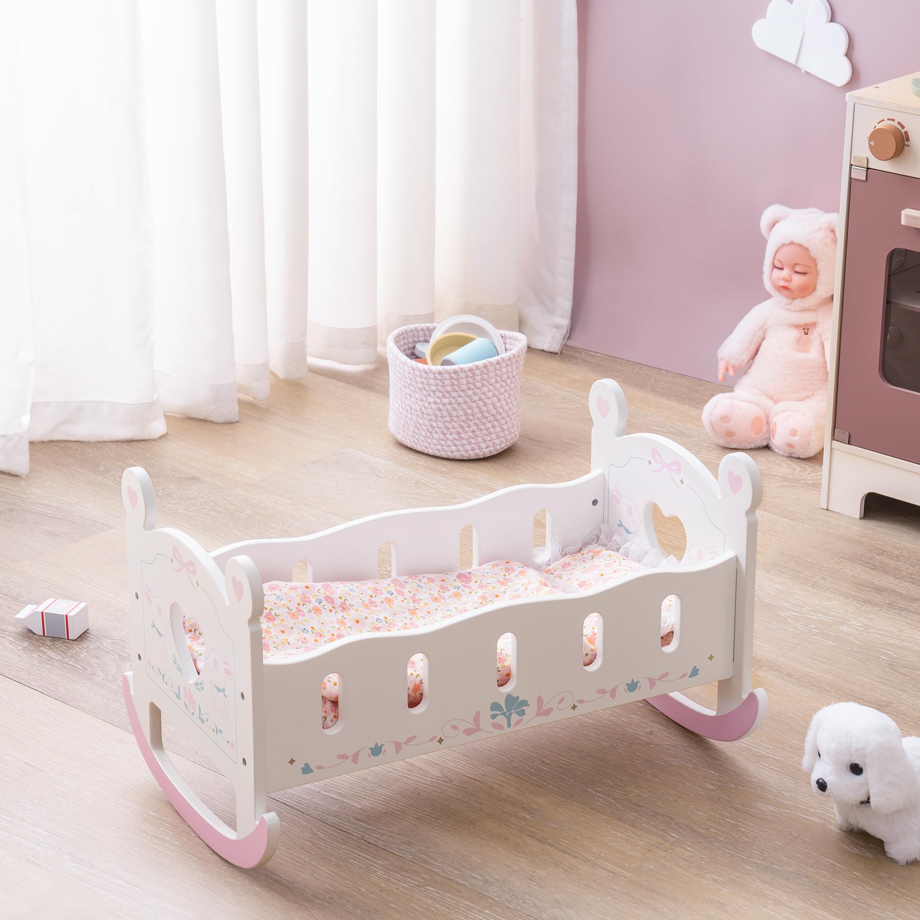 ROBOTIME Wooden Baby Doll Crib with Pink Pad, Blanket & Pillow - 18-Inch Doll Bed Toy, Furniture Accessories Gift for Girls Ages 3+ | Perfect for Pretend Play, Nursery Decor & Role-Playing Games
