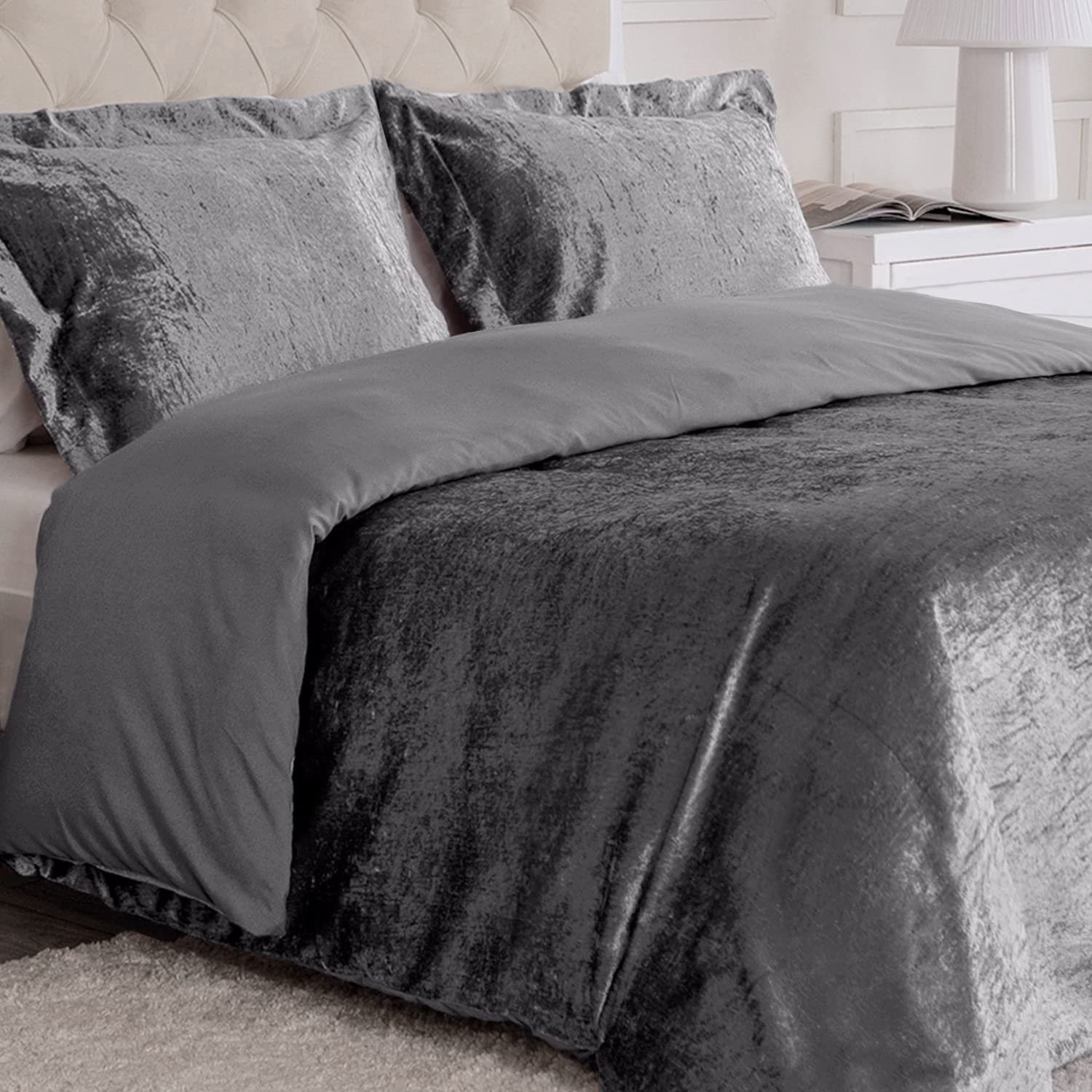 Mellanni Velvet Duvet Cover Queen Size - Wrinkle, Fade & Stain Resistant Gray Comforter Cover Set with 8 Ties & Hidden Button Closure - Includes 2 Pillow Shams - Perfect for Master Bedroom, Guest Room & Luxury Hotel Decor (Queen, Gray)