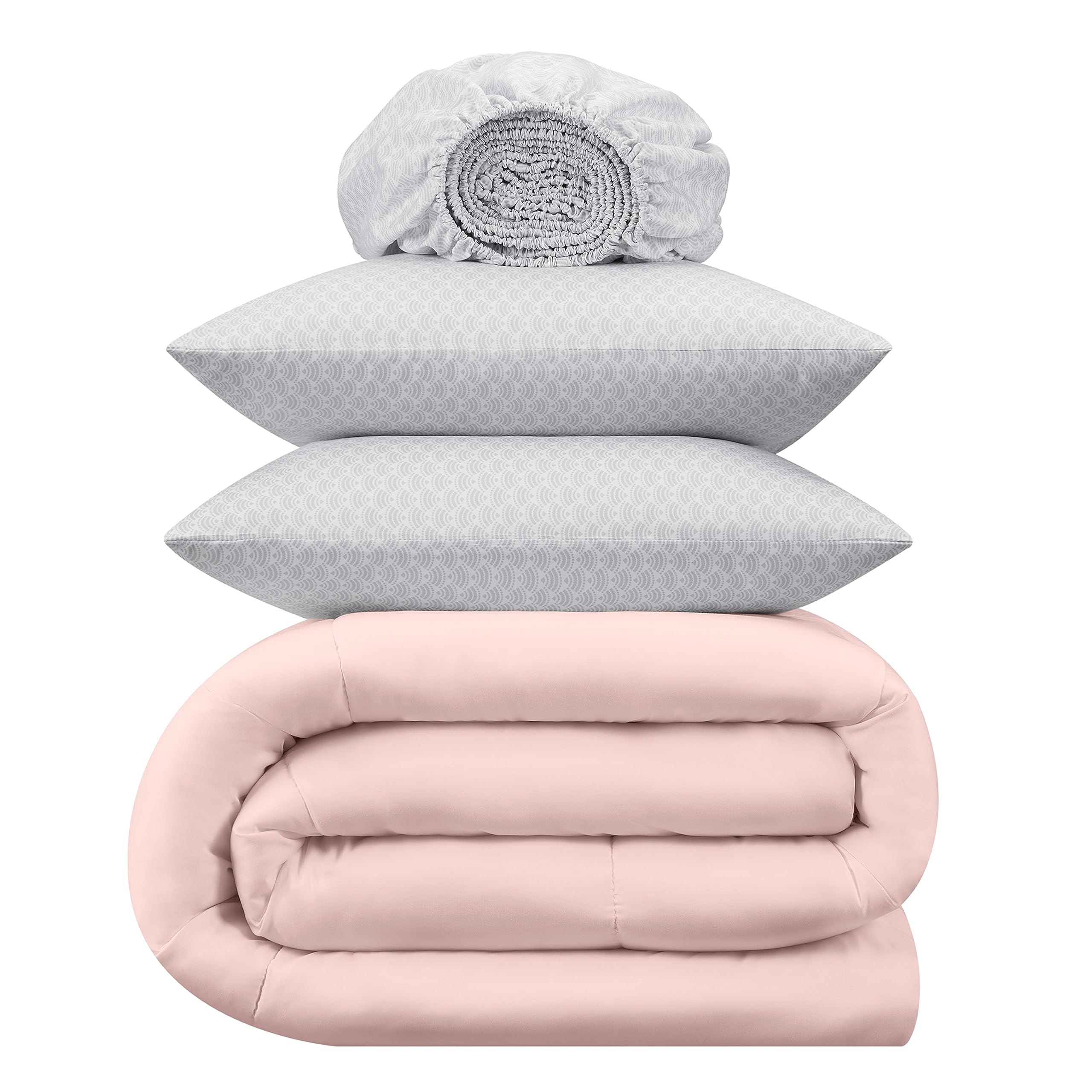 Serta Simply Clean Complete 7-Piece Hypoallergenic Reversible Bed in a Bag Set with Sheets & Pillowcases - Full Size, Blush/Light Grey - All-Season Comfort for Guest Rooms, Dorms & Apartments
