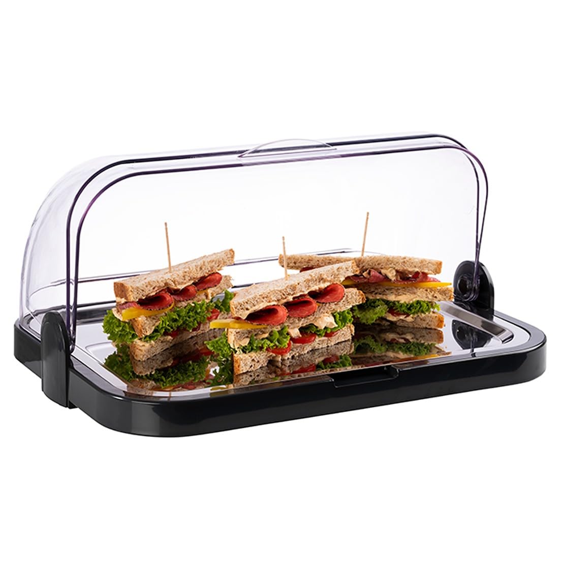 Premium Double-Sided Buffet Showcase with Transparent Roll-Top Hood | Includes Bowl, Stainless Steel Tray & 2 Cooling Batteries | German-Made for Restaurants, Catering & Food Display
