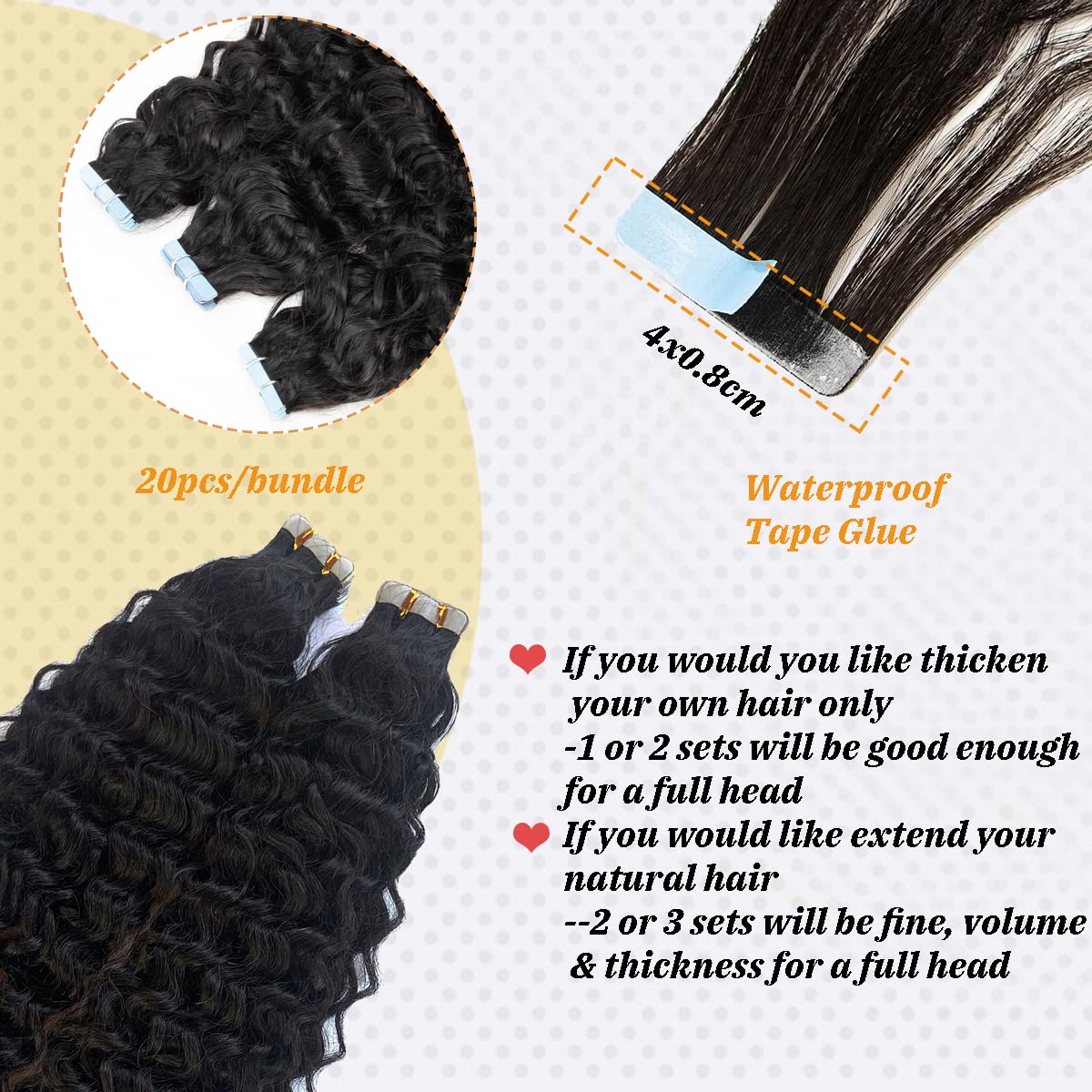 14 Inch Water Wave Tape in Human Hair Extensions - 20PCS Double Sided Loose Curly Brazilian Hair Weft (9A Quality, 50G) for Black Women - Perfect for Daily Styling, Parties & Special Occasions